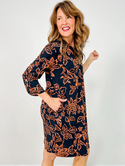 Floral Print 3/4 Sleeve Scarlett Dress in Black