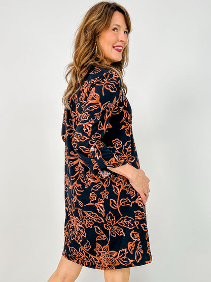 Floral Print 3/4 Sleeve Scarlett Dress in Black