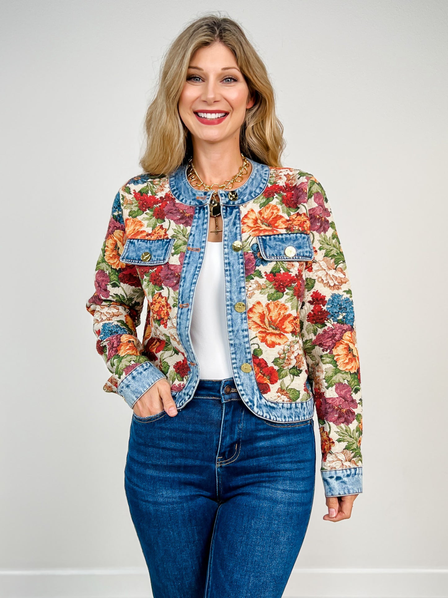 Floral Tapestry Denim Trim Jacket with Gold Buttons