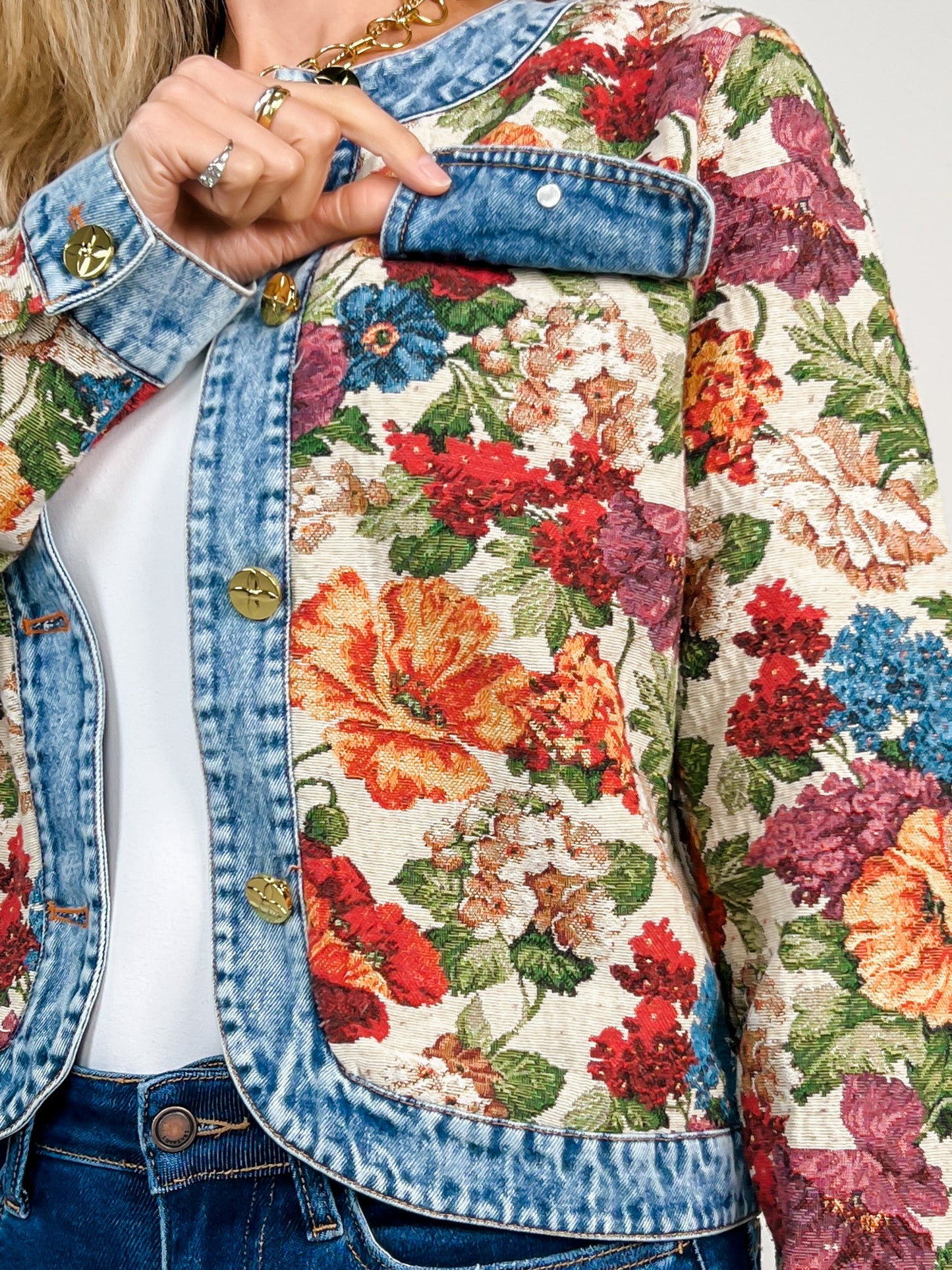 Floral Tapestry Denim Trim Jacket with Gold Buttons