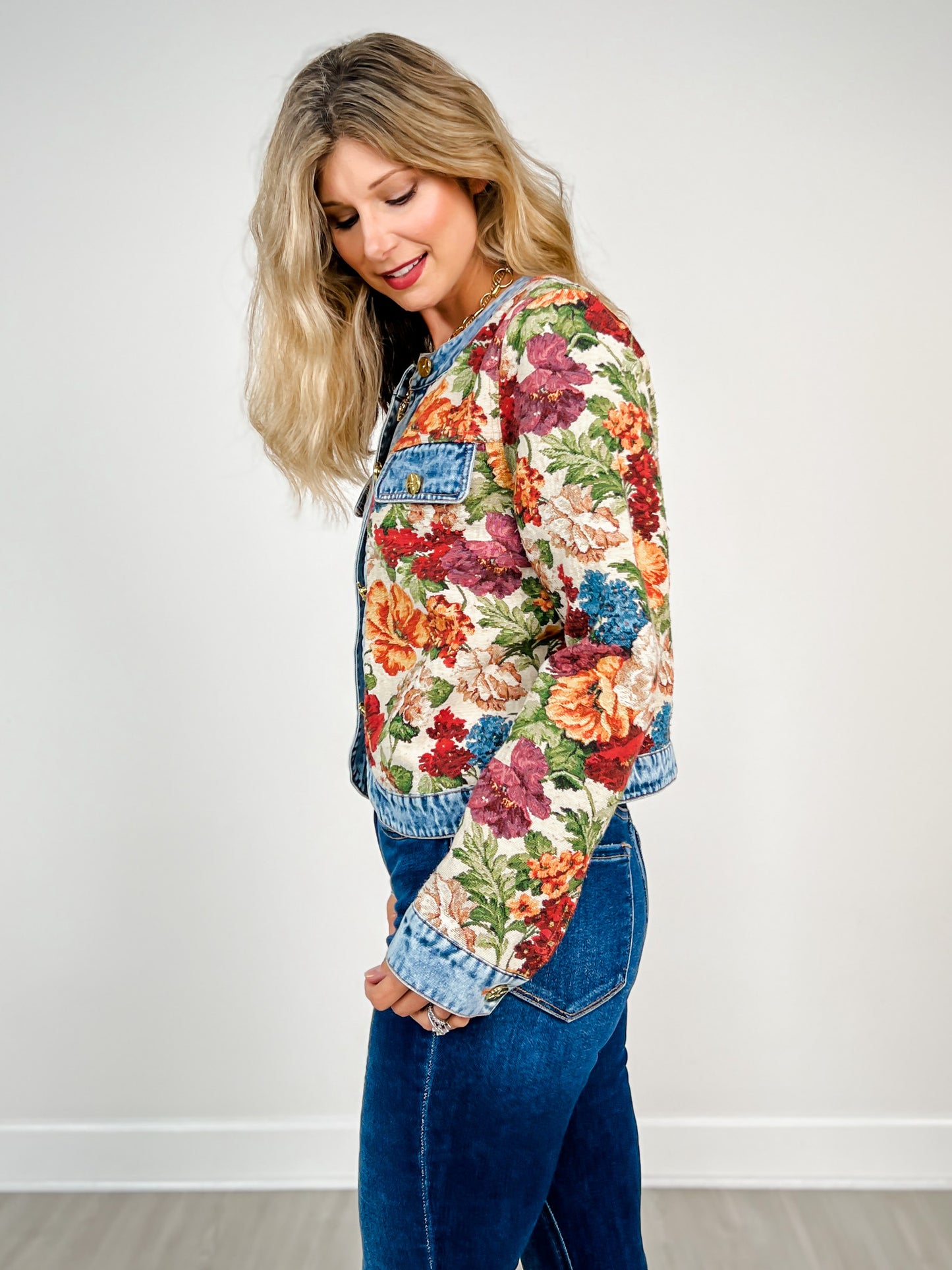 Floral Tapestry Denim Trim Jacket with Gold Buttons