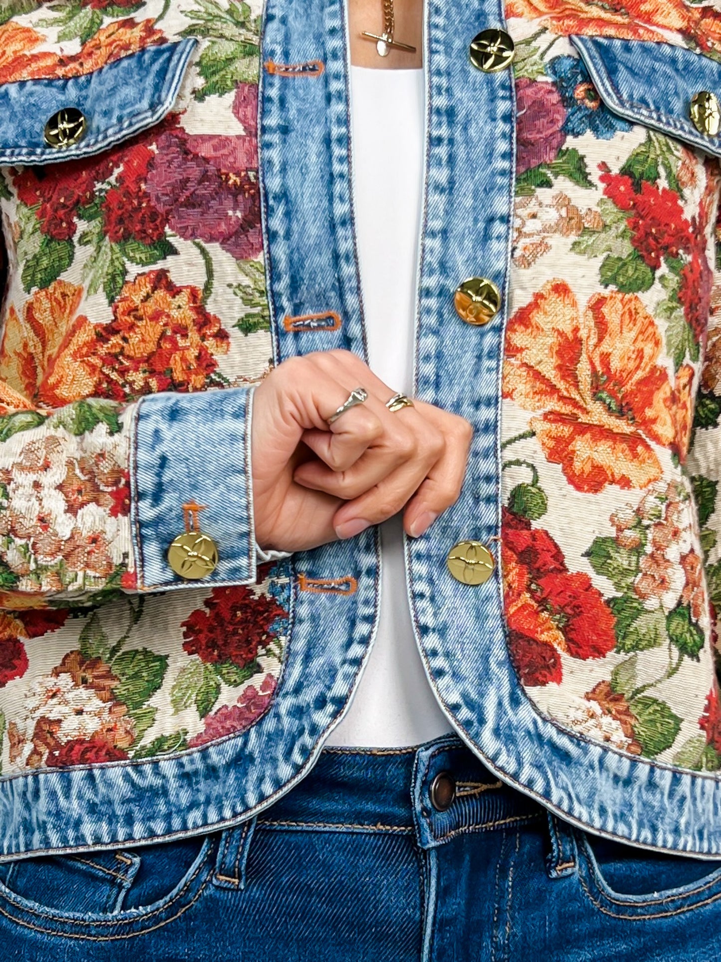 Floral Tapestry Denim Trim Jacket with Gold Buttons