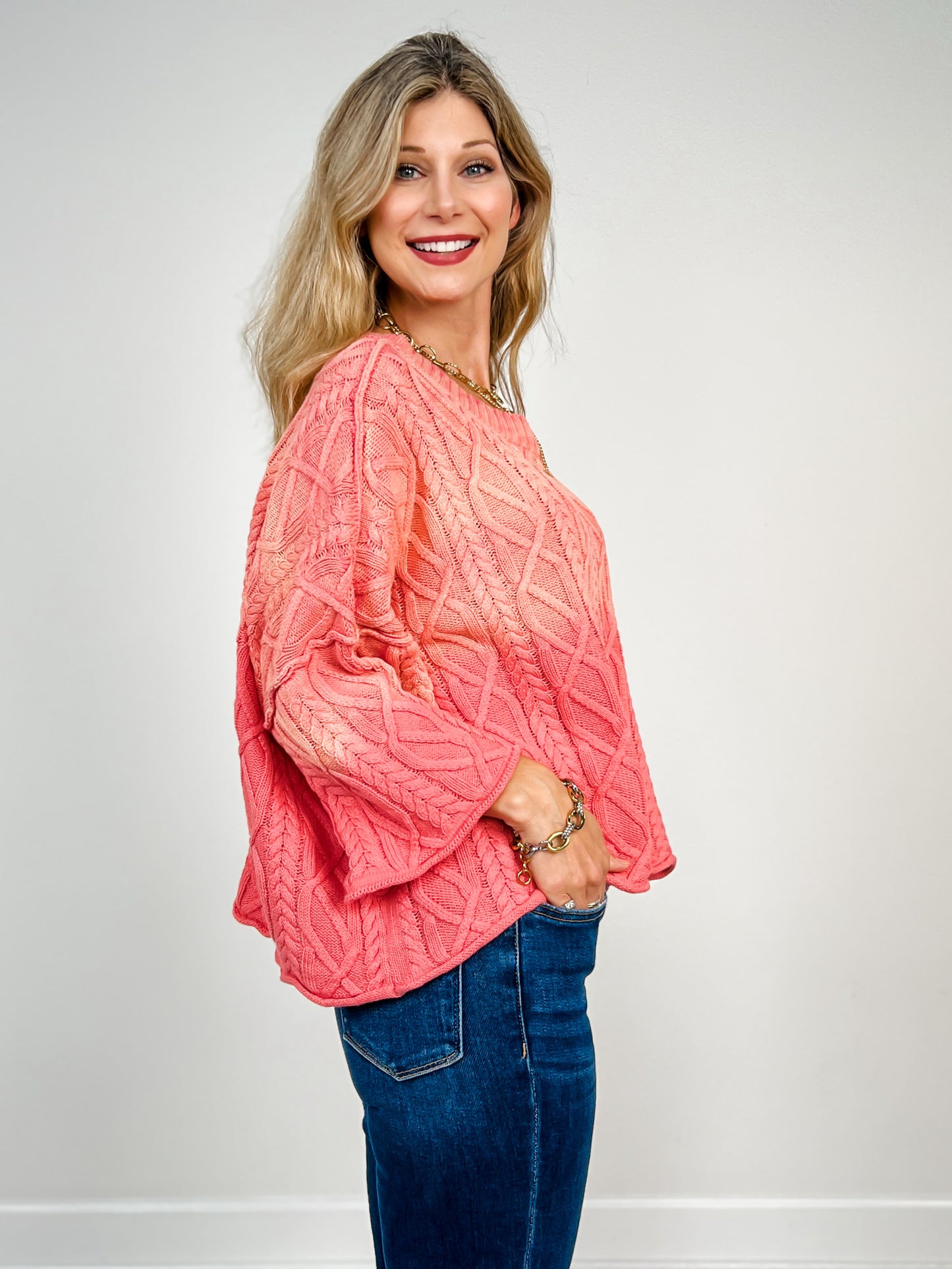 Ombre Long Sleeve Cable Knit Sweater