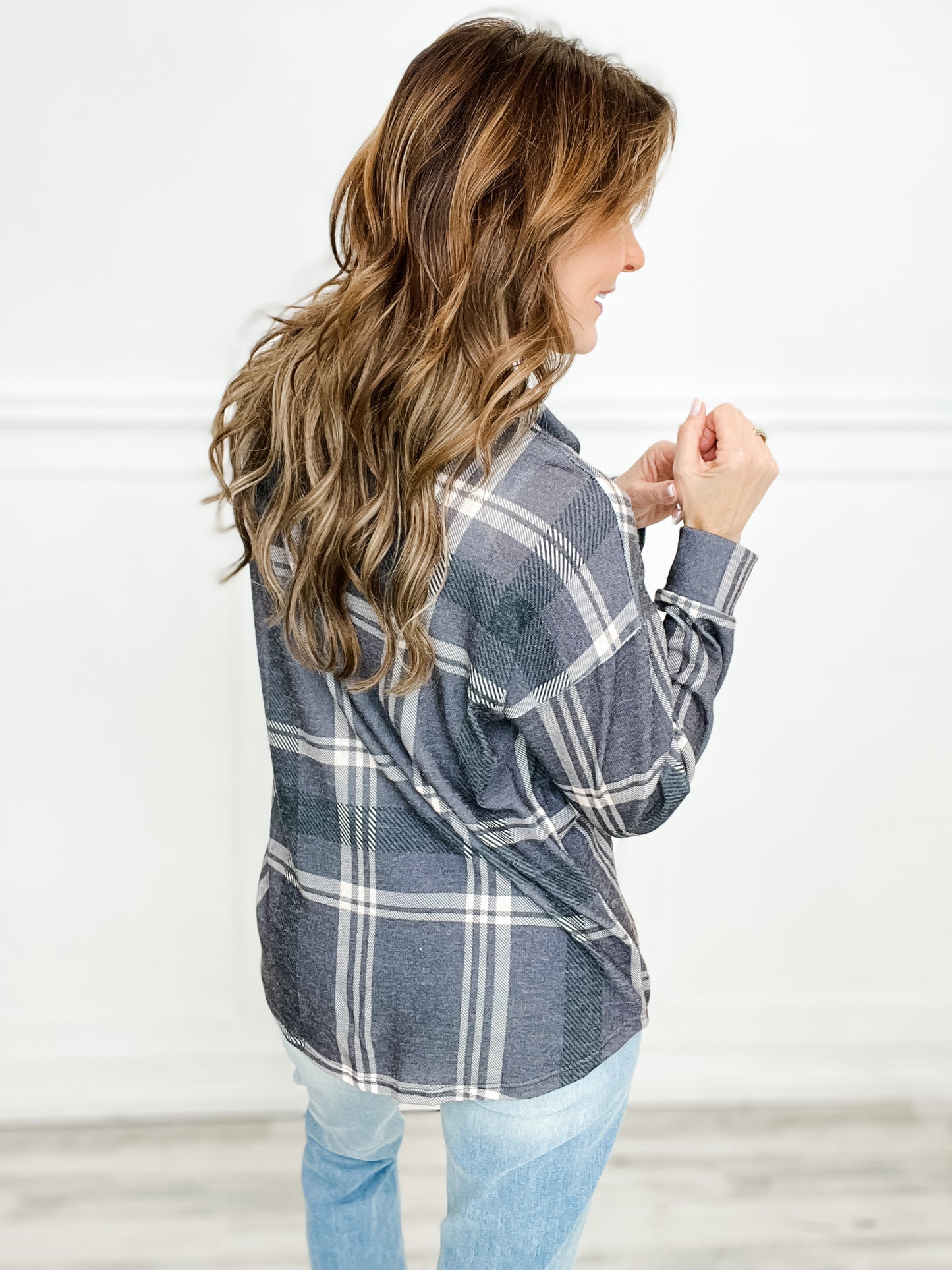 Long Sleeve Checkered Knit Button Down Shacket