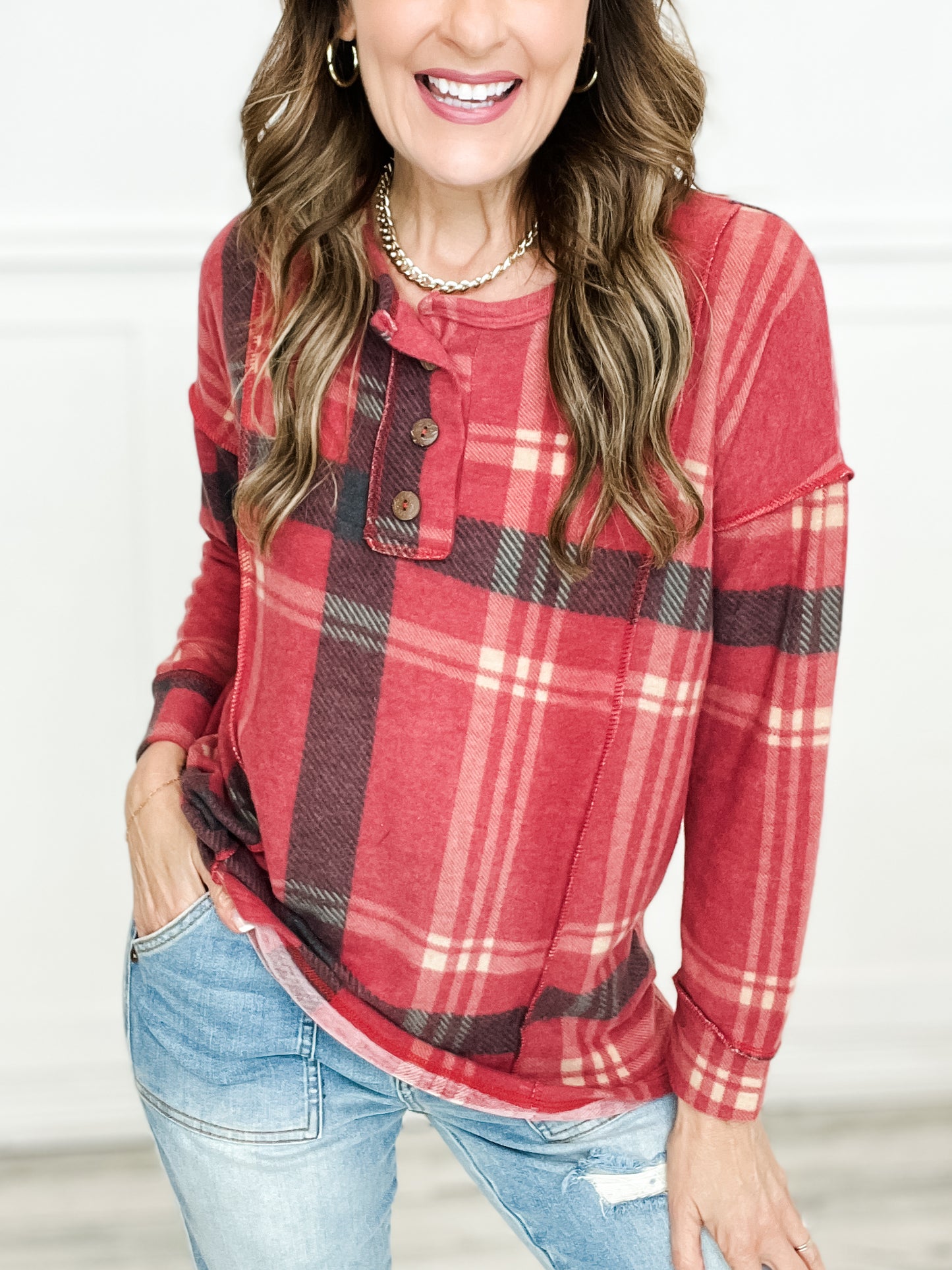 Long Sleeve Plaid Henley Top