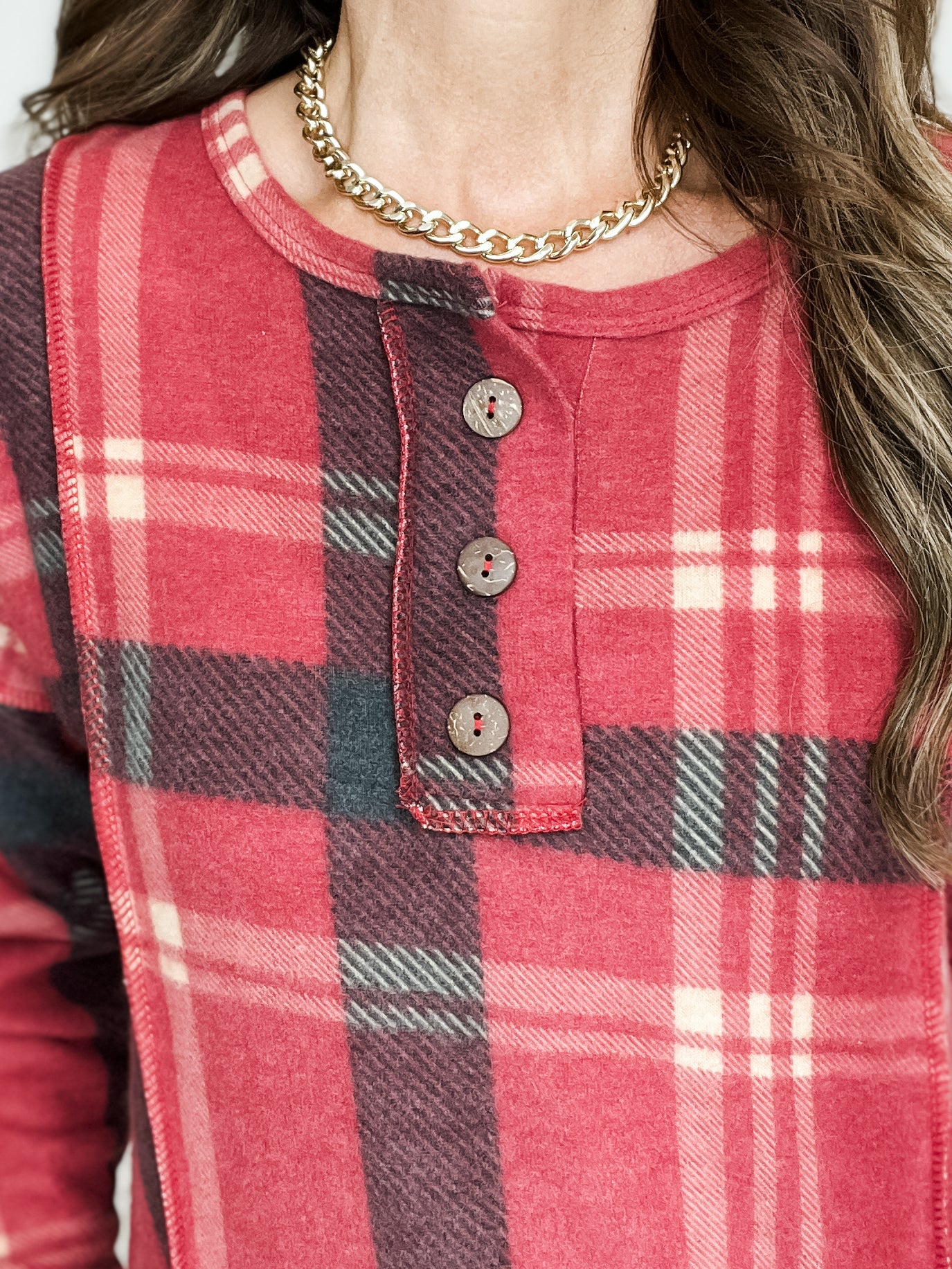 Long Sleeve Plaid Henley Top