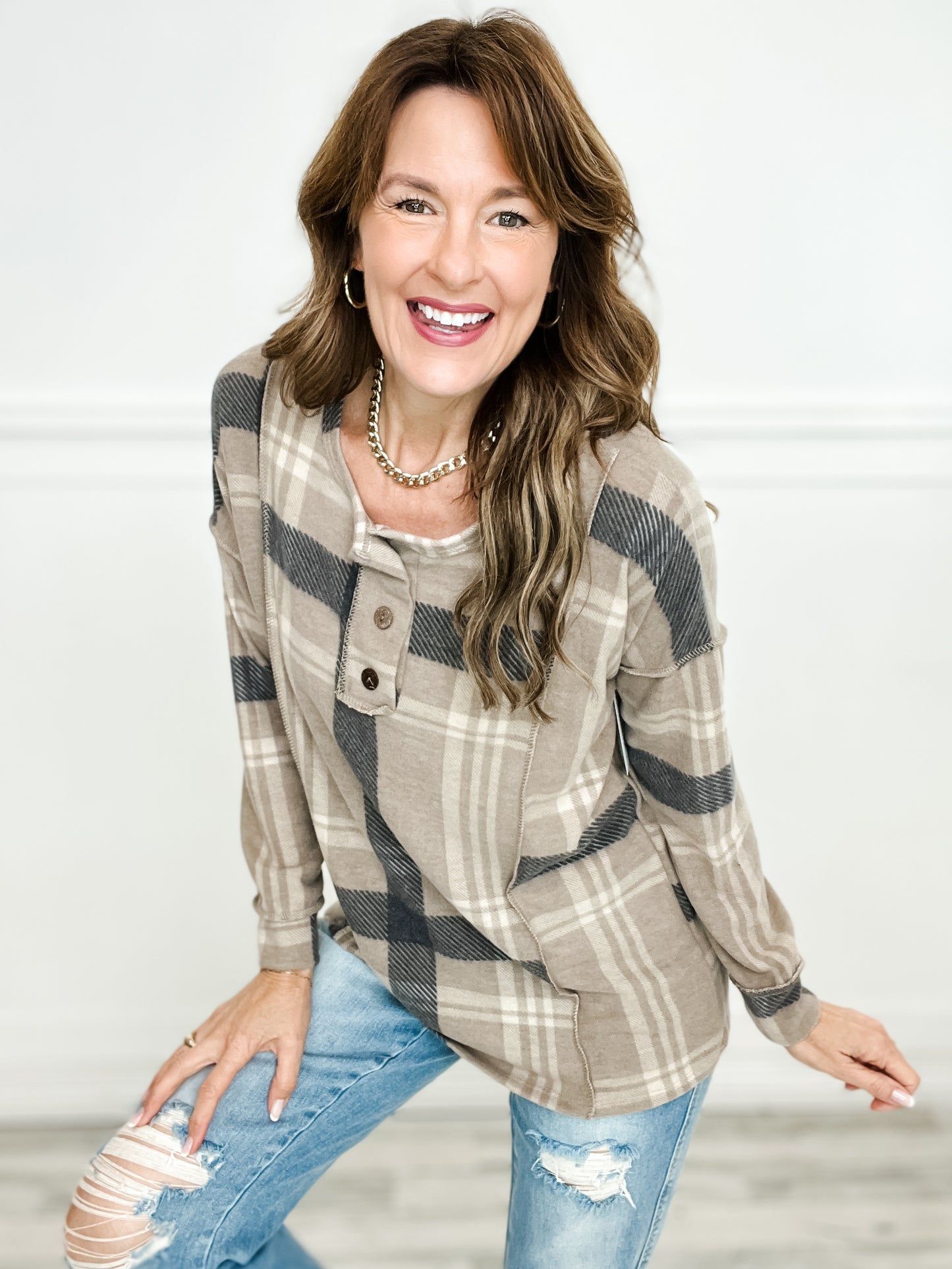 Long Sleeve Plaid Henley Top