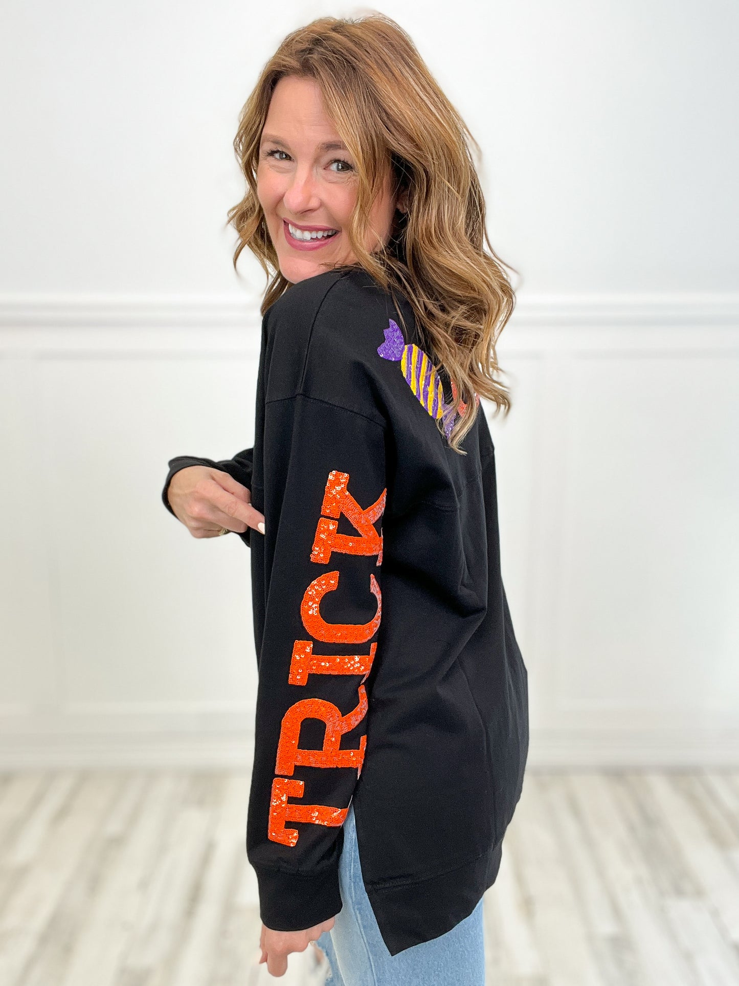 Loose Fit Long Sleeve Top with Trick or Treat Sequin Letters