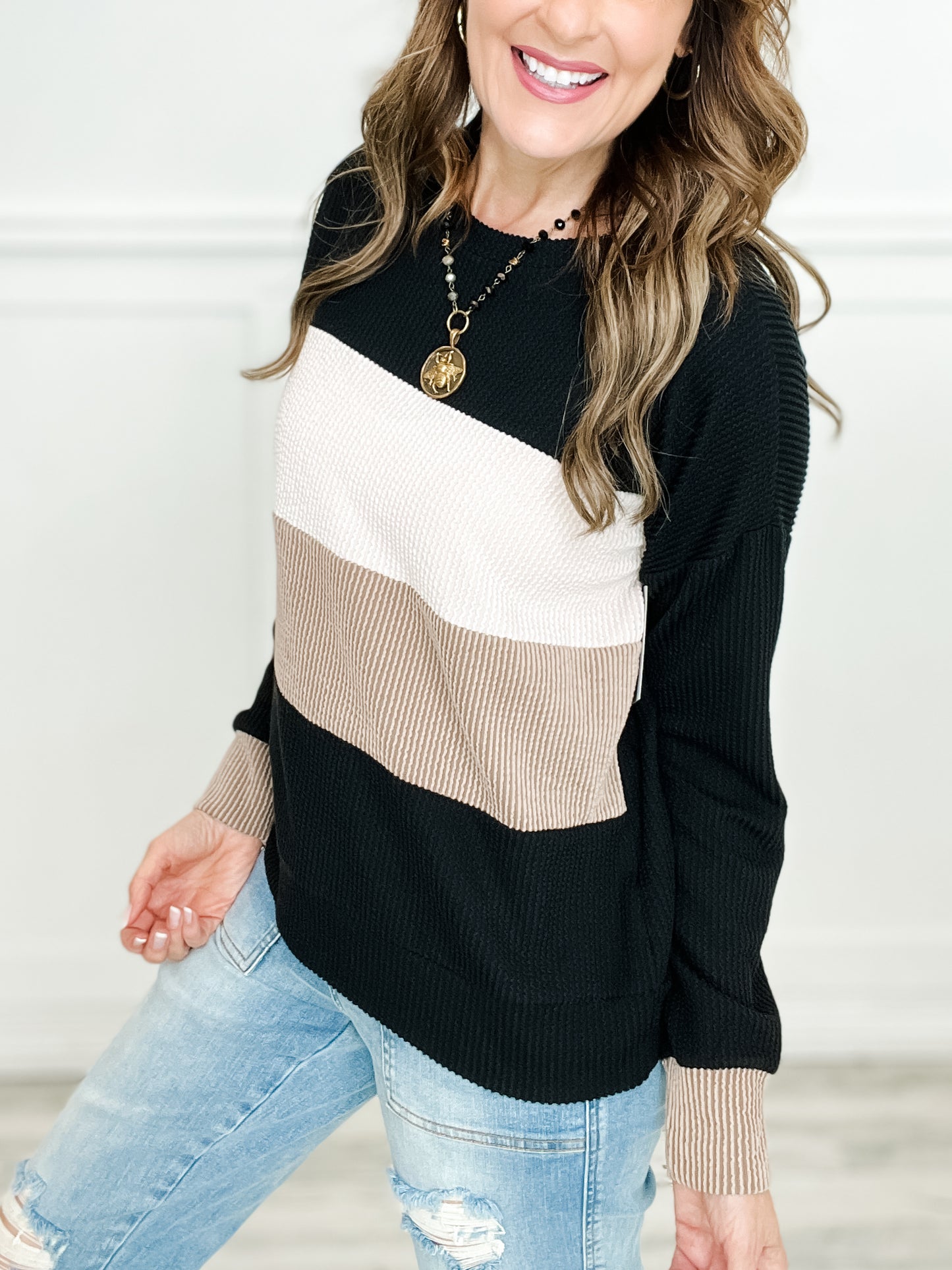 Long Sleeve Ribbed Color Block Striped Top