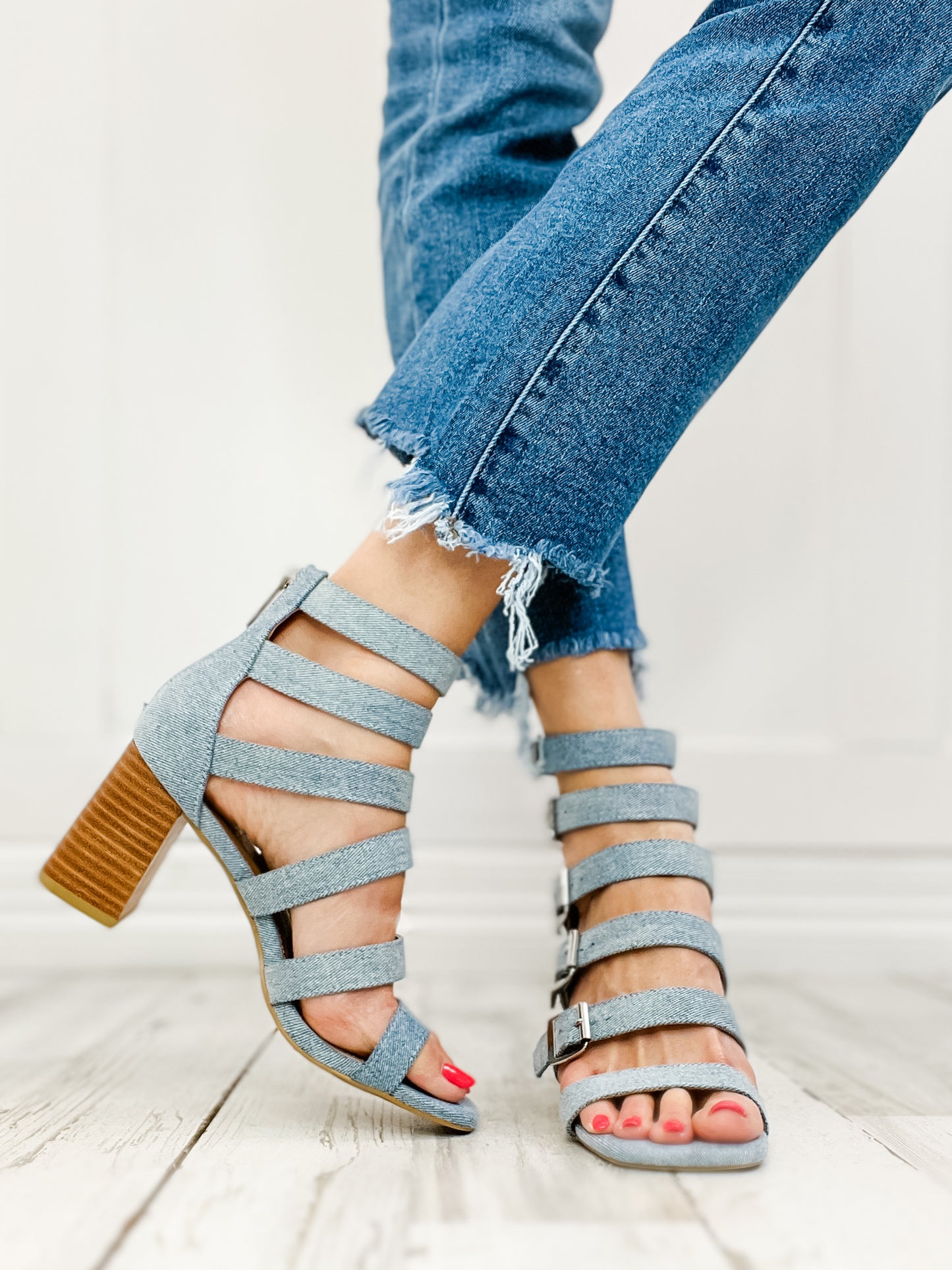 Corkys Buckle Down Block Heel Sandals in Denim - 30A