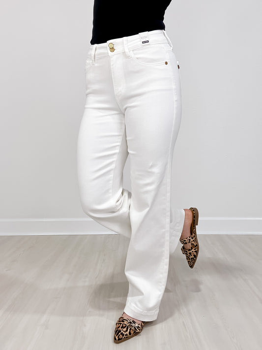 Judy Blue ROYAL FLUSH High Waist Double Button White Trouser Jeans