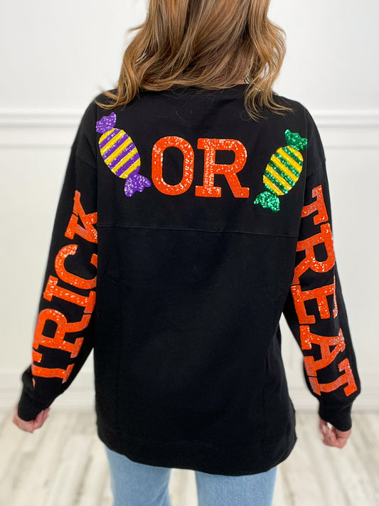Loose Fit Long Sleeve Top with Trick or Treat Sequin Letters
