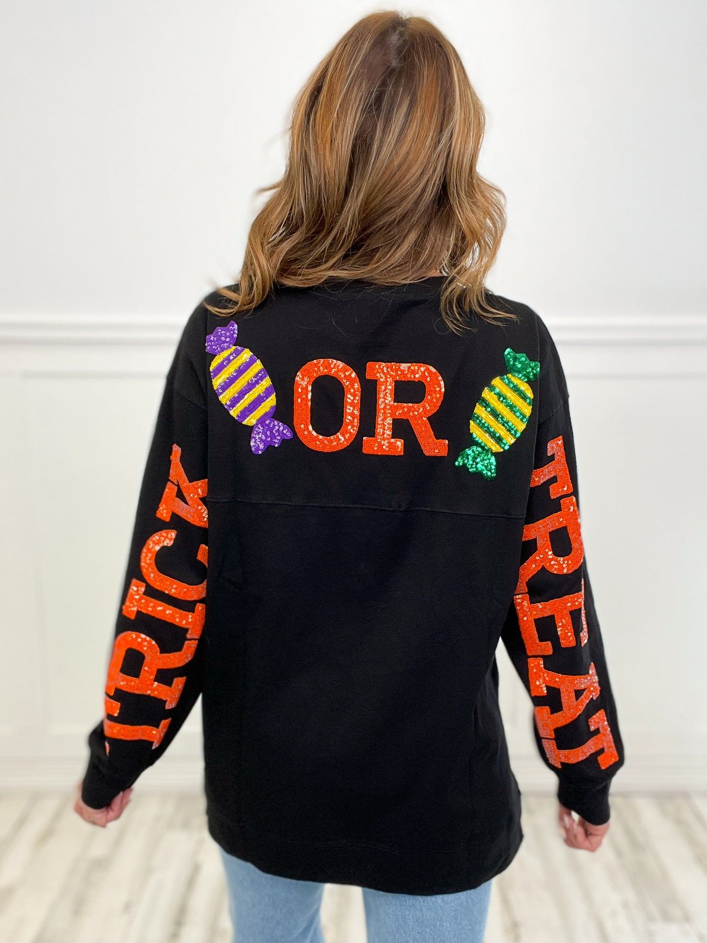 Loose Fit Long Sleeve Top with Trick or Treat Sequin Letters