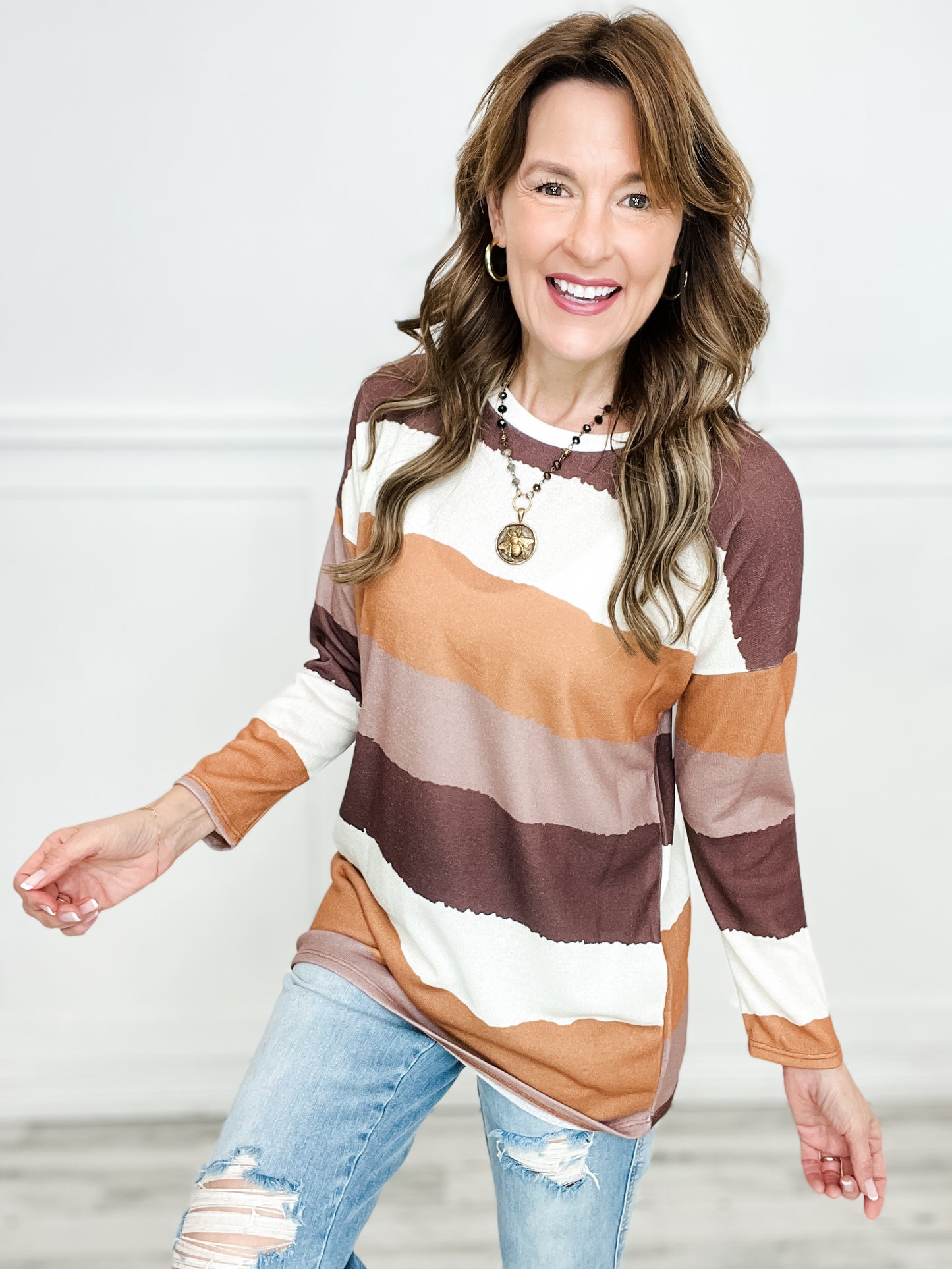 Striped Knit Sweatshirt with Long Sleeves and Round Neckline