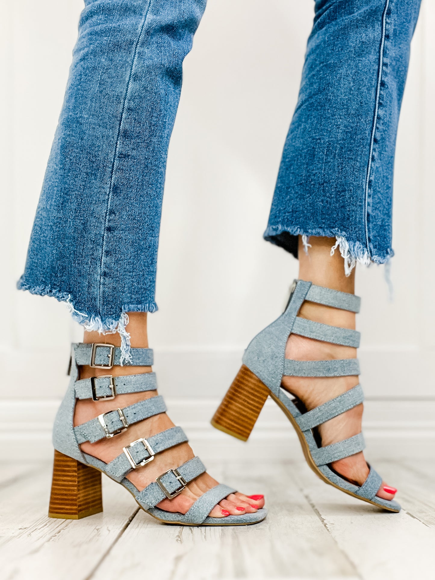 Corkys Buckle Down Block Heel Sandals in Denim - 30A