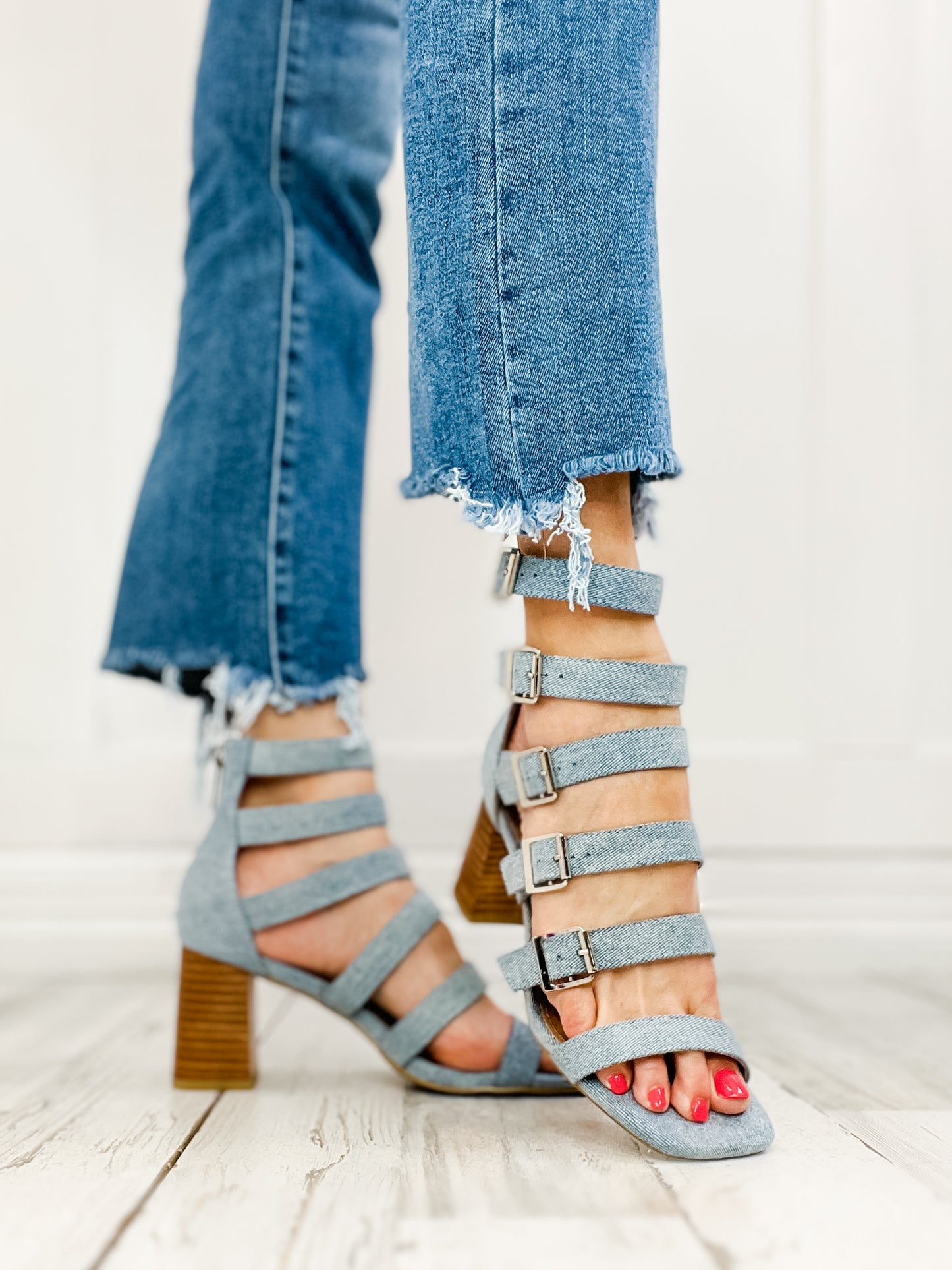 Corkys Buckle Down Block Heel Sandals in Denim - 30A