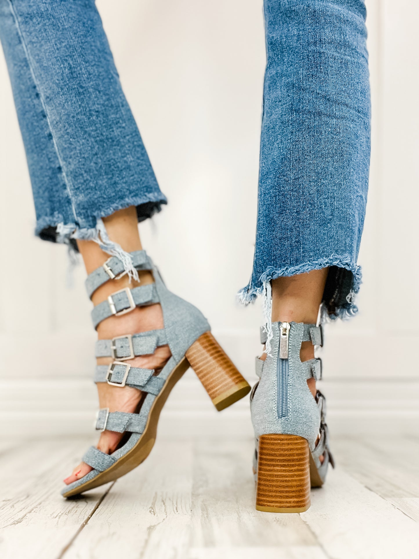 Corkys Buckle Down Block Heel Sandals in Denim - 30A