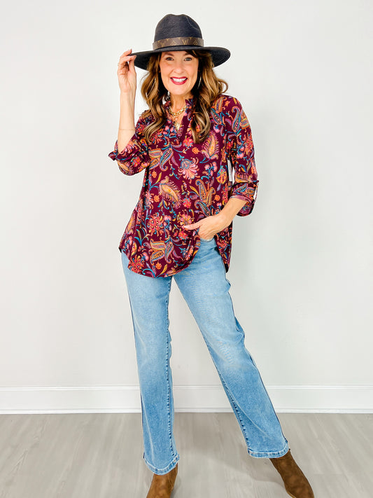 3/4 Sleeve Floral Print Lizzy Top in Wine