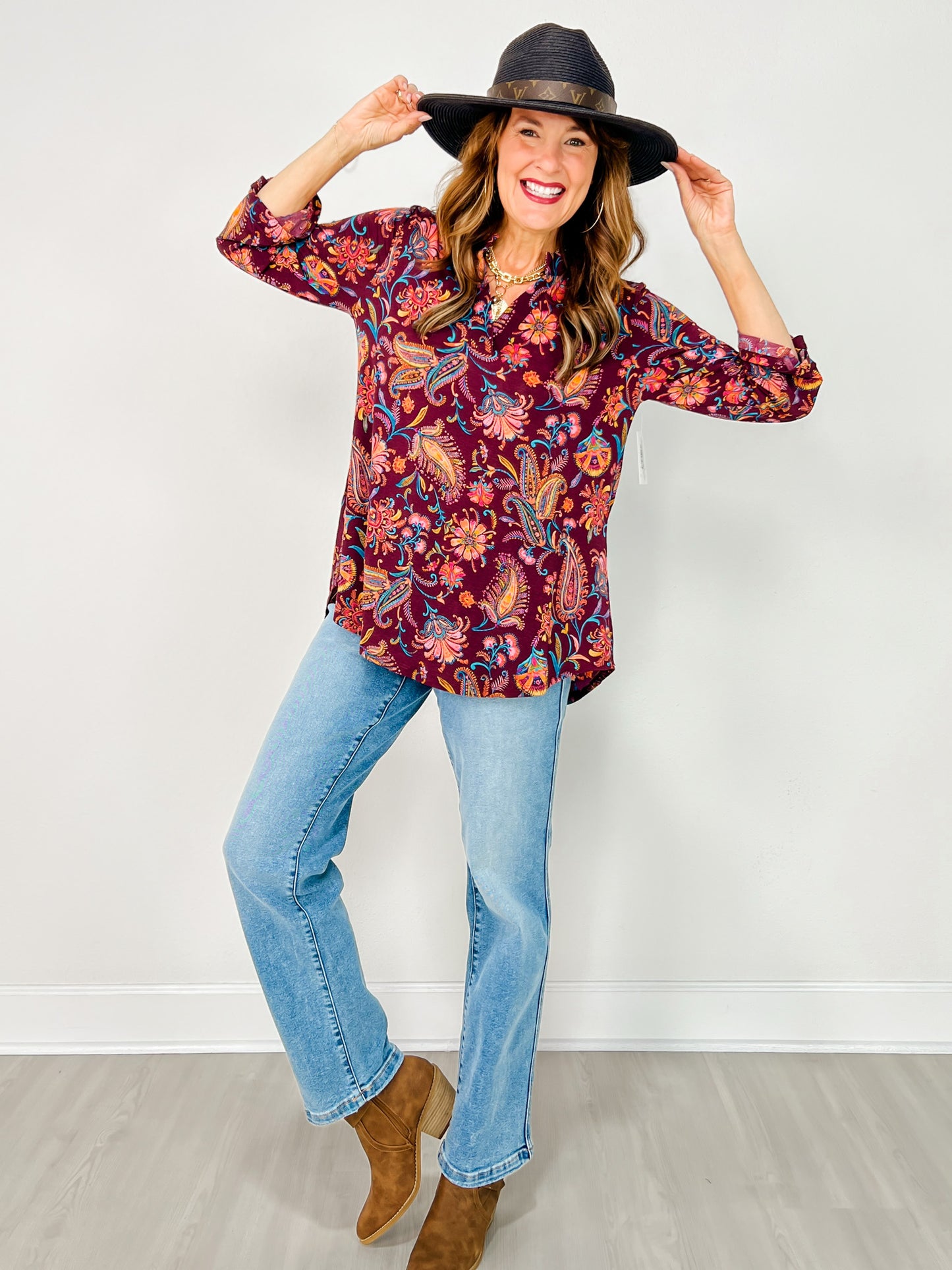 3/4 Sleeve Floral Print Lizzy Top in Wine