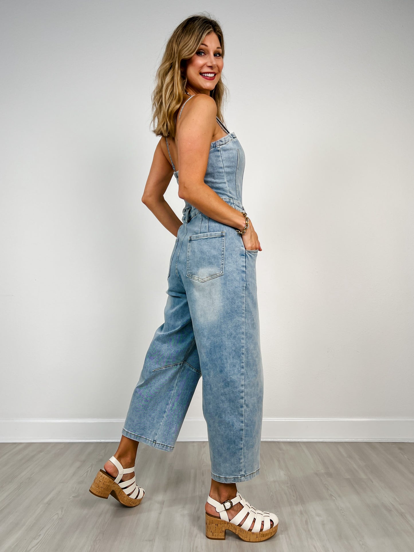 Washed Denim Sleeveless Strap Tube Top Jumpsuit