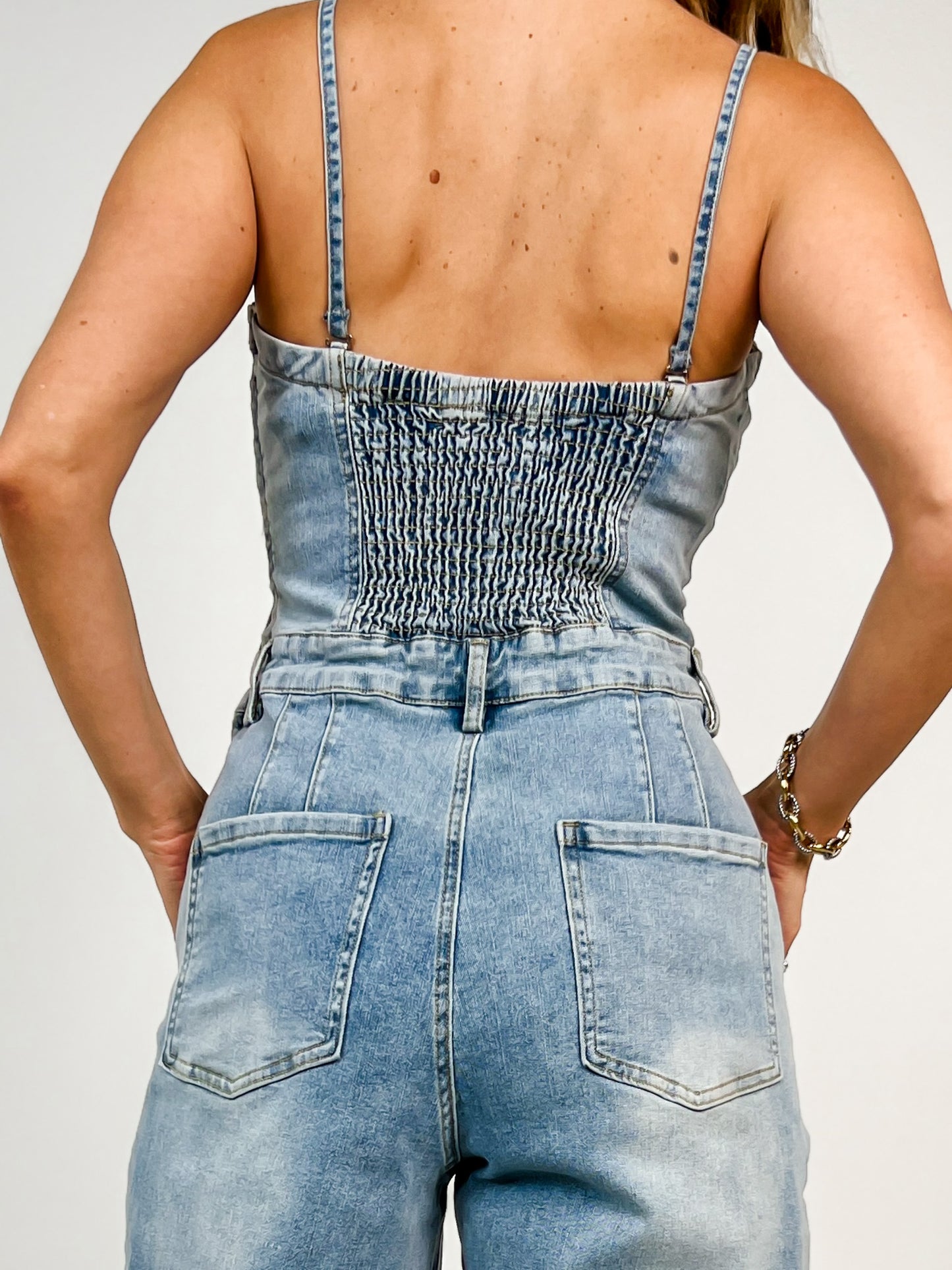 Washed Denim Sleeveless Strap Tube Top Jumpsuit
