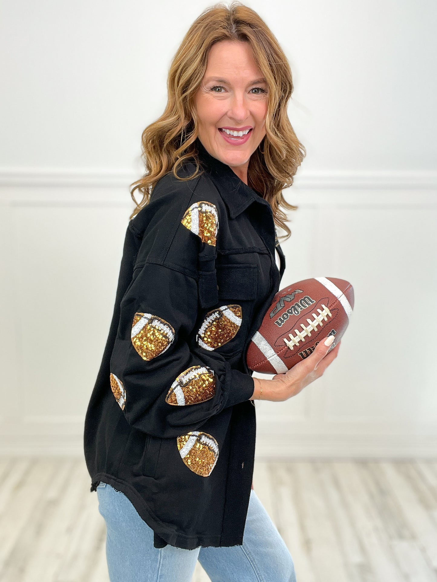 French Terry Shirt Jacket with Football Sequins