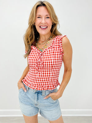 Sweetheart Orchard Lace Front Gingham Top