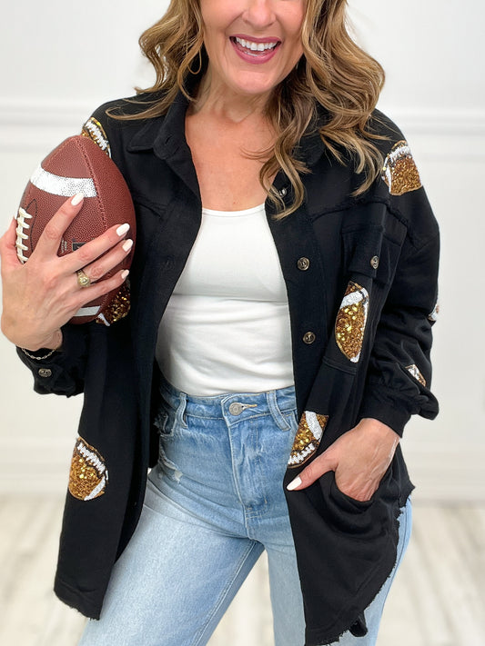 French Terry Shirt Jacket with Football Sequins