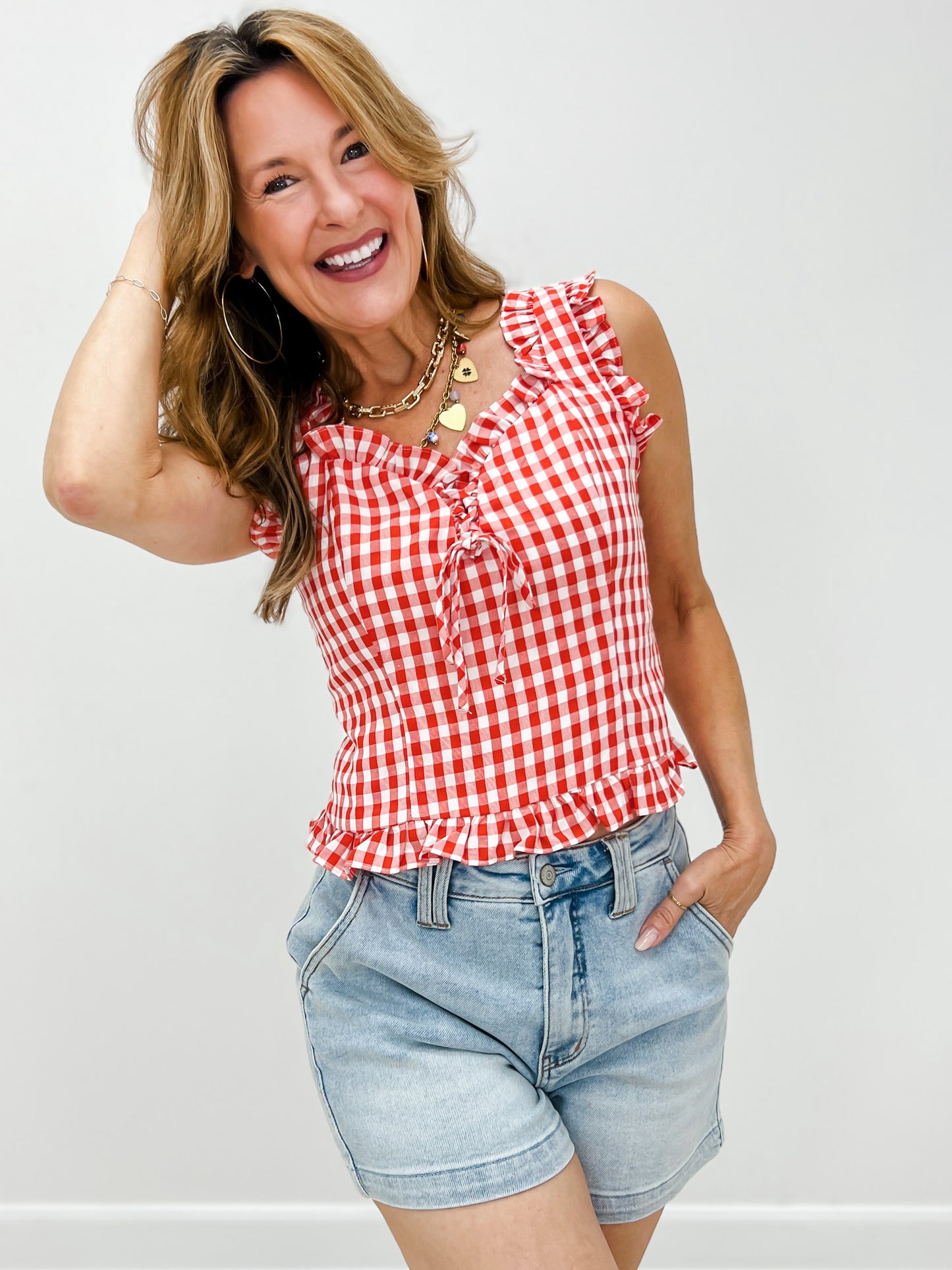 Sweetheart Orchard Lace Front Gingham Top