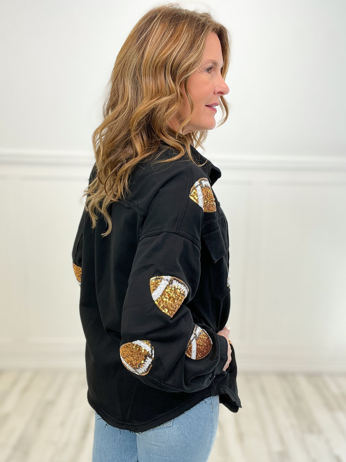 French Terry Shirt Jacket with Football Sequins