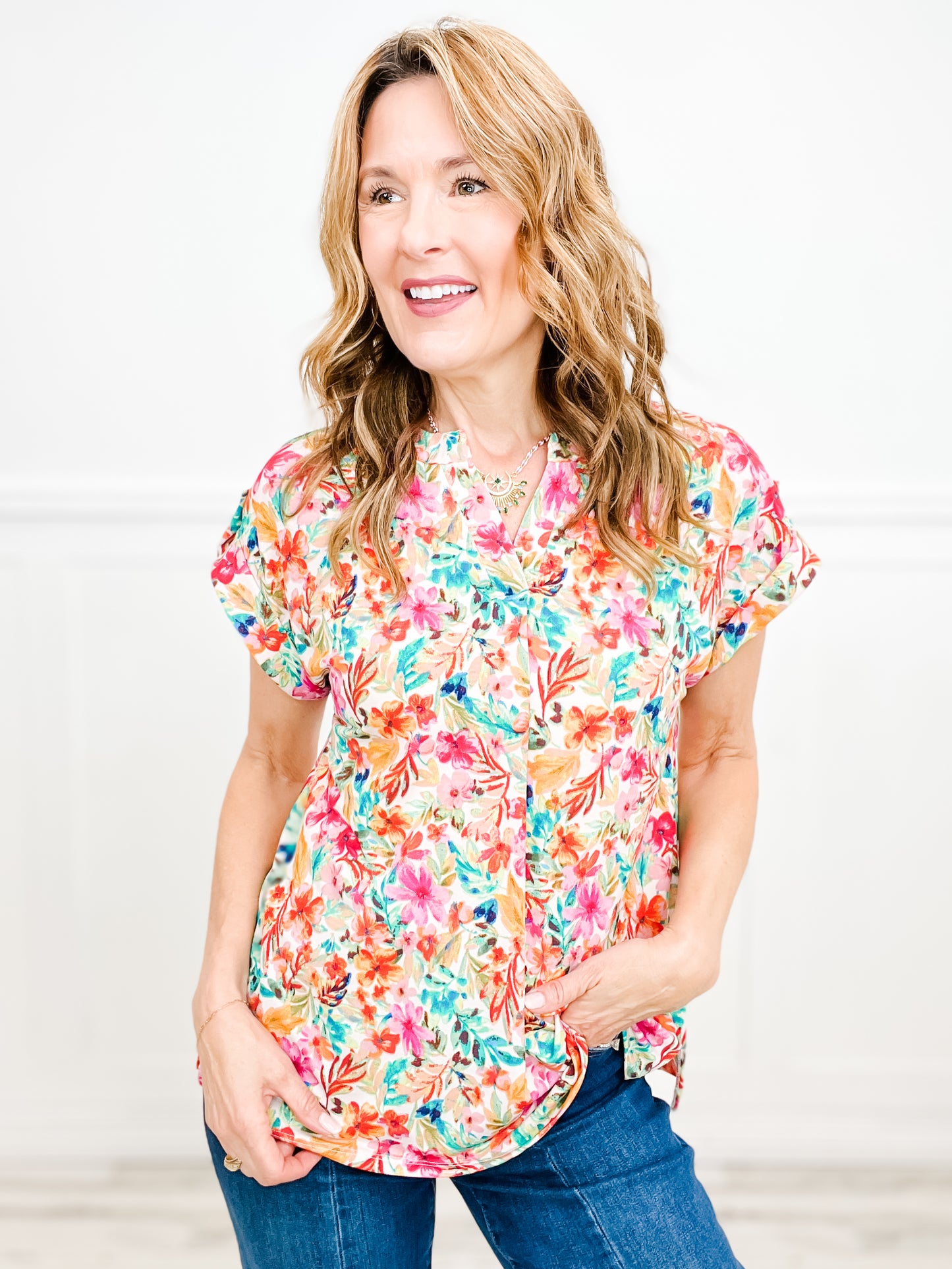 Bright Blooming Dolman Short Sleeve Top