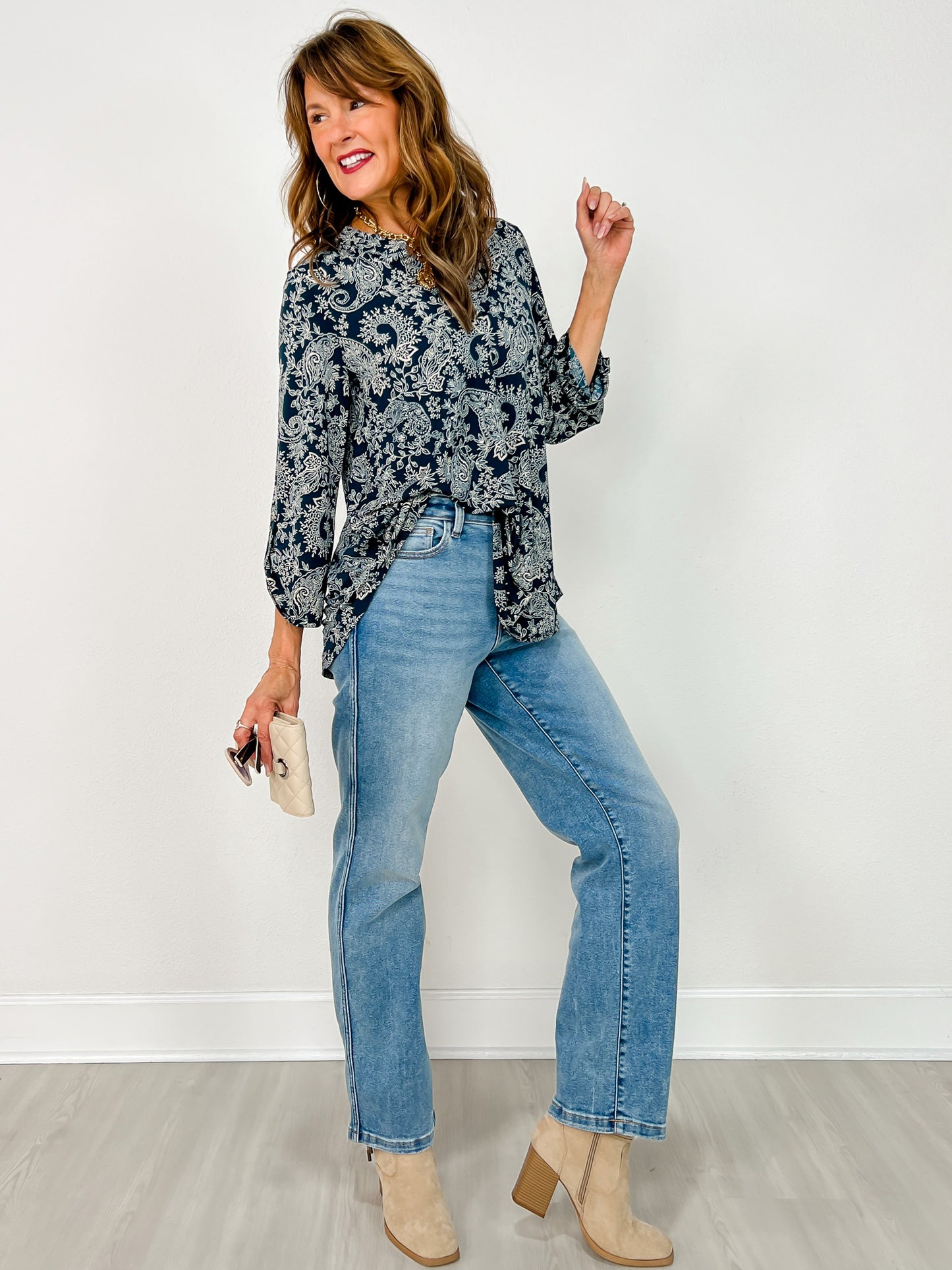 3/4 Sleeve Floral Print Lizzy Top in Midnight Teal