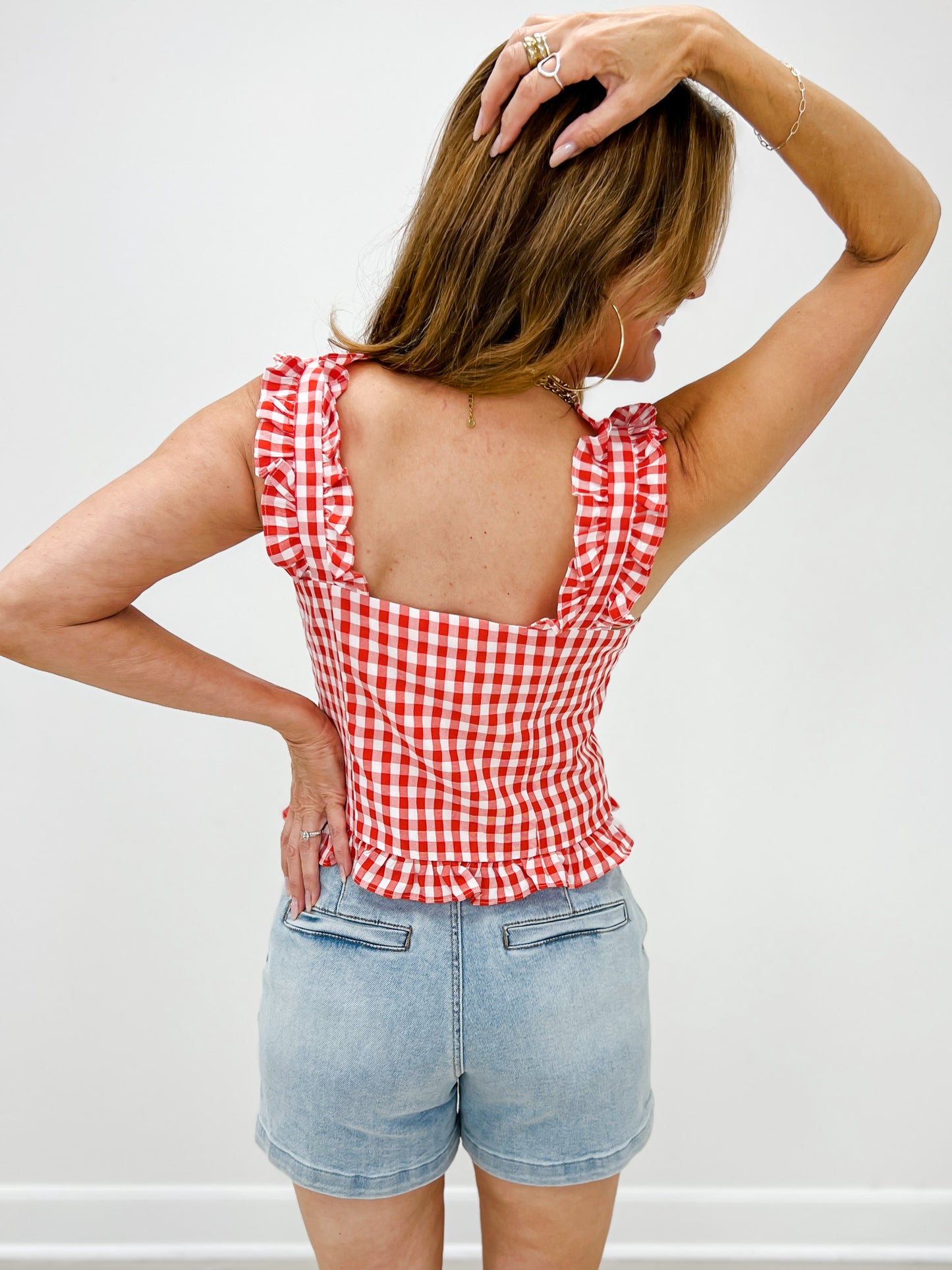 Sweetheart Orchard Lace Front Gingham Top
