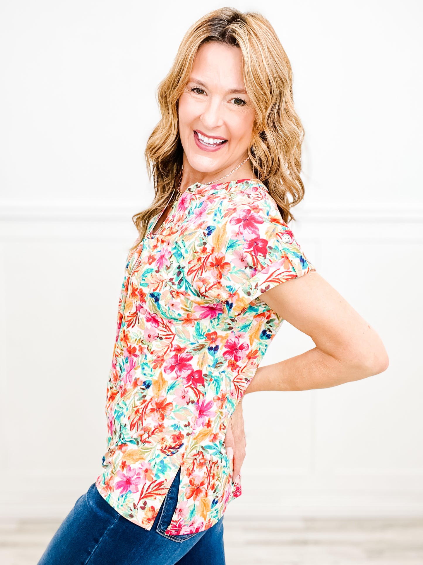 Bright Blooming Dolman Short Sleeve Top