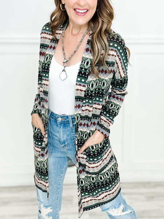 Tribal Print Open Front Knit Cardigan