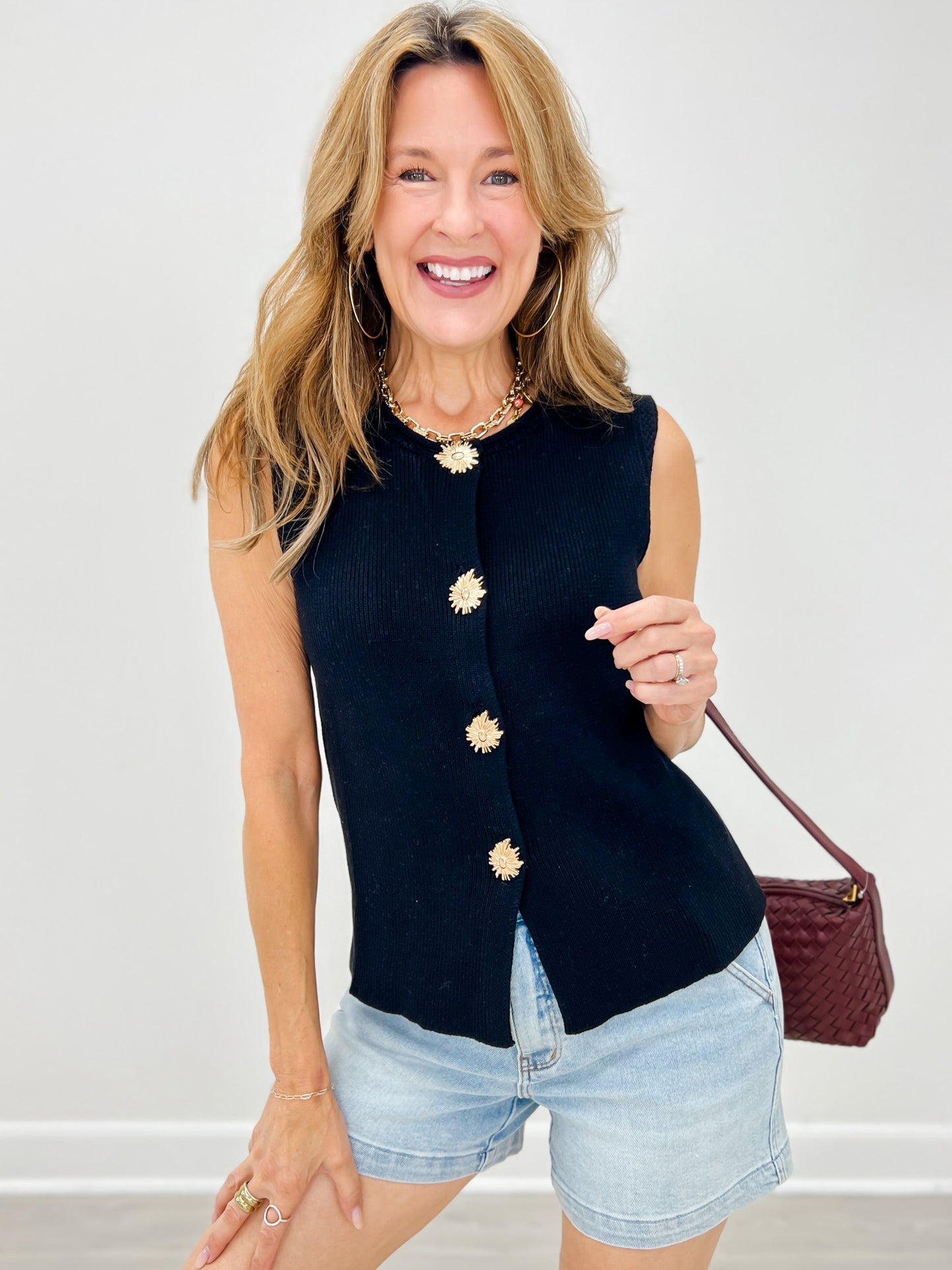 Luxe Golden Bloom Buttons Knit Vest