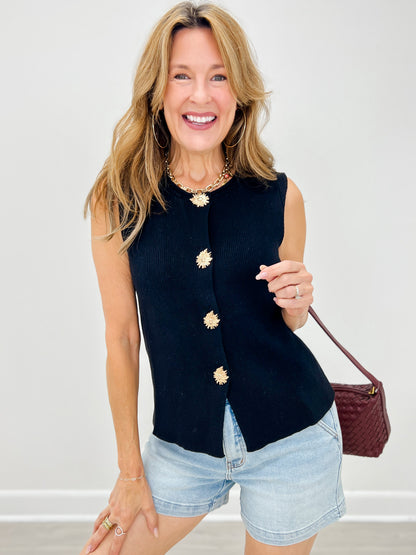 Luxe Golden Bloom Buttons Knit Vest