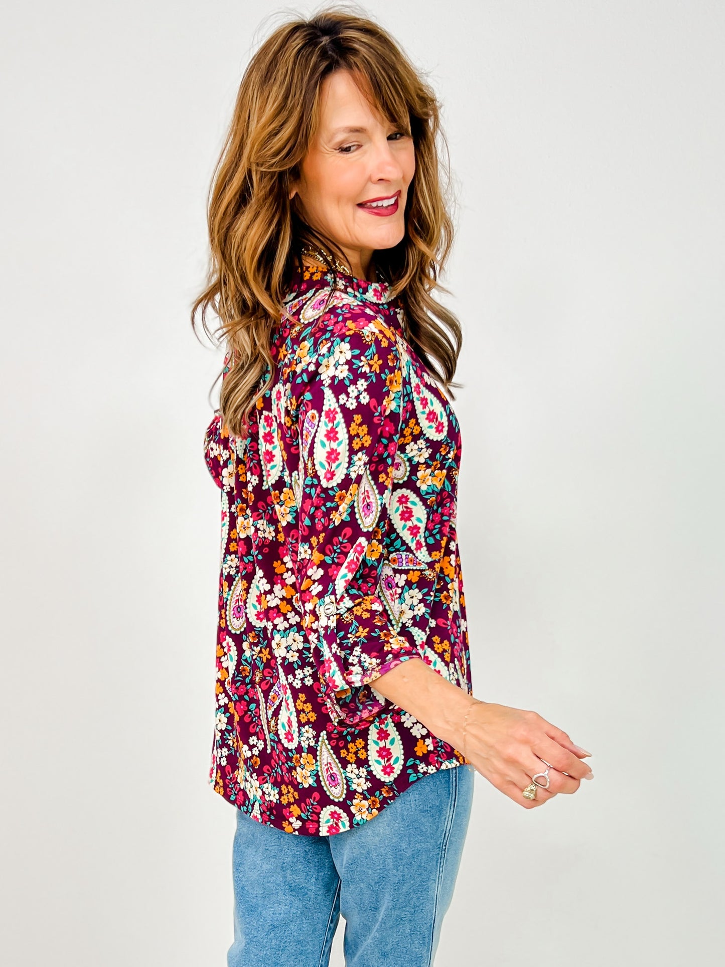 3/4 Sleeve Floral Print Lizzy Top in Wine