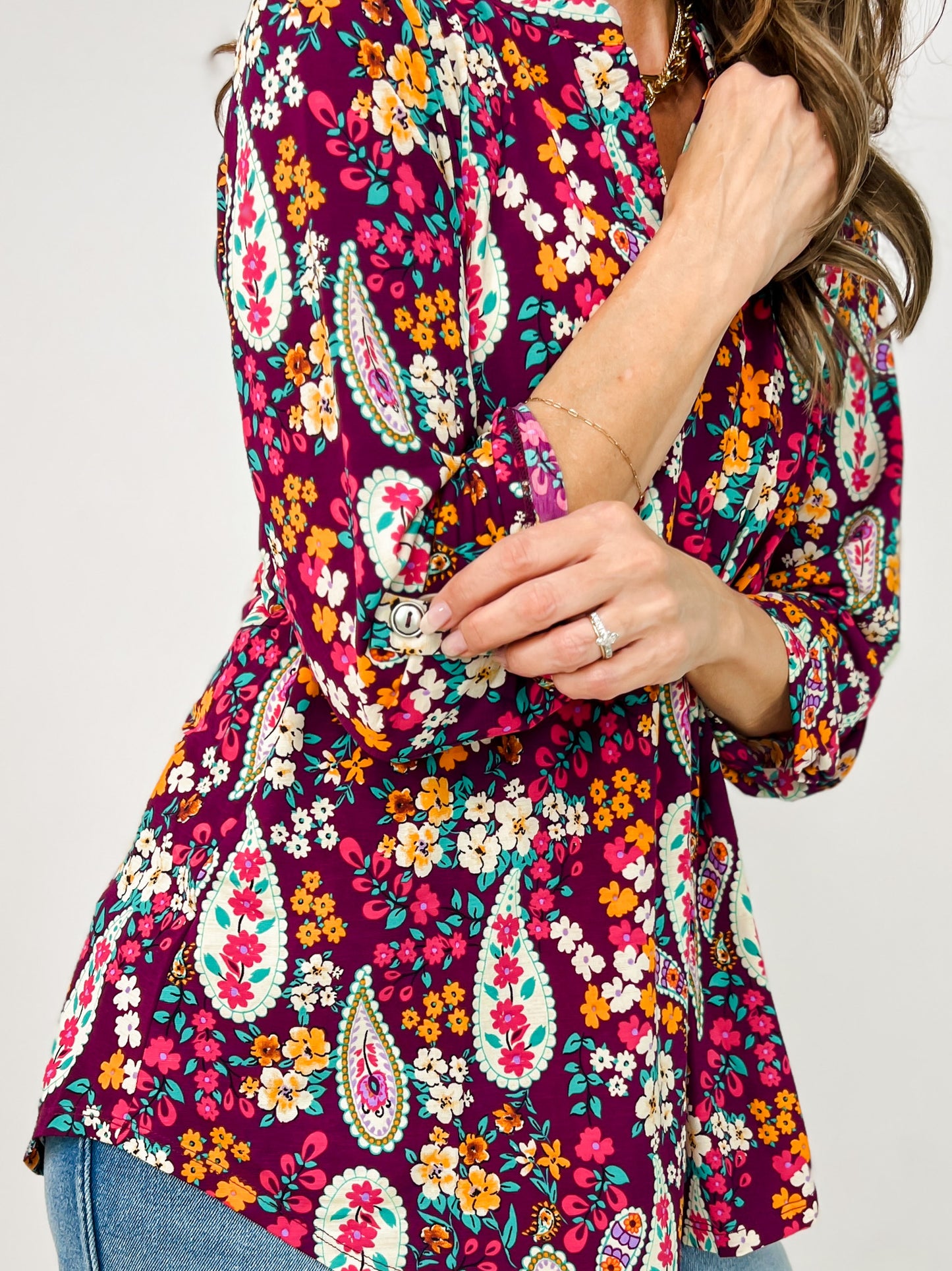 3/4 Sleeve Floral Print Lizzy Top in Wine