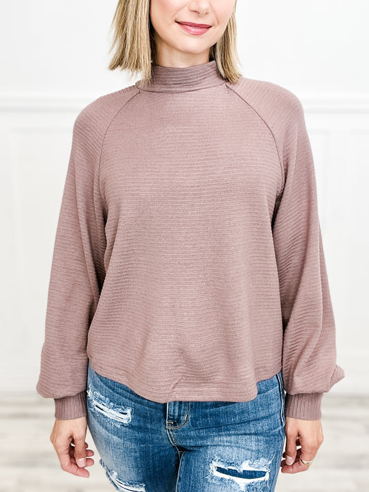 Bubble Sleeve Mock Neck Solid Textured Knit Top