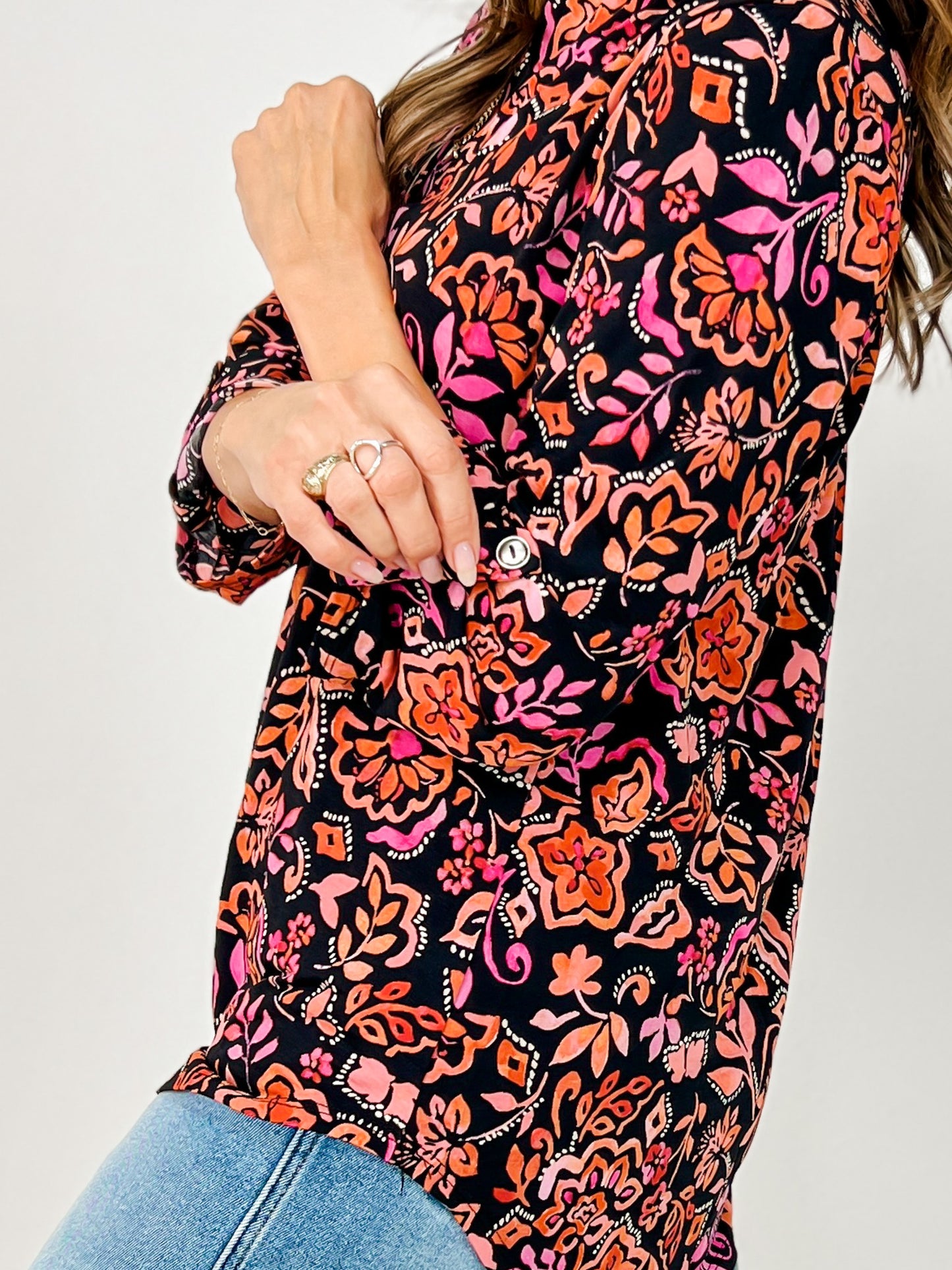 3/4 Sleeve Floral Print Lizzy Top in Black