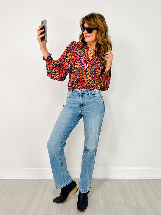 Long Smocked Sleeve Floral Print Lizzy Top in Eggplant