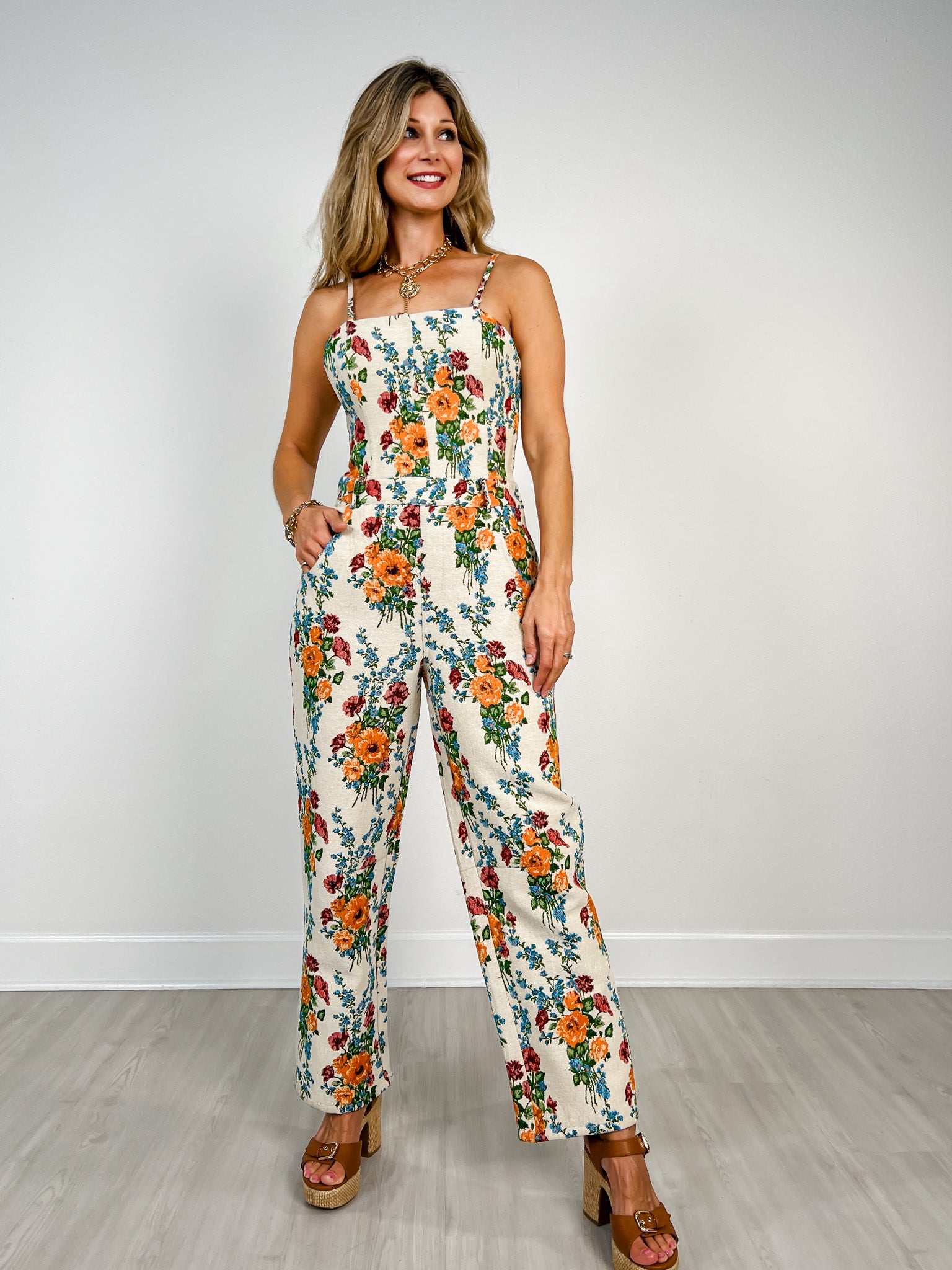Spaghetti Strap Floral Jumpsuit with Square Neckline