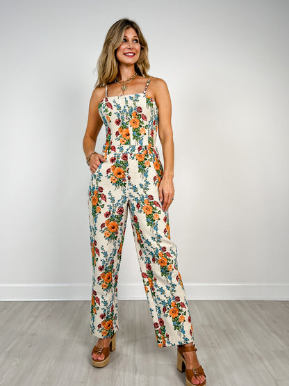 Spaghetti Strap Floral Jumpsuit with Square Neckline