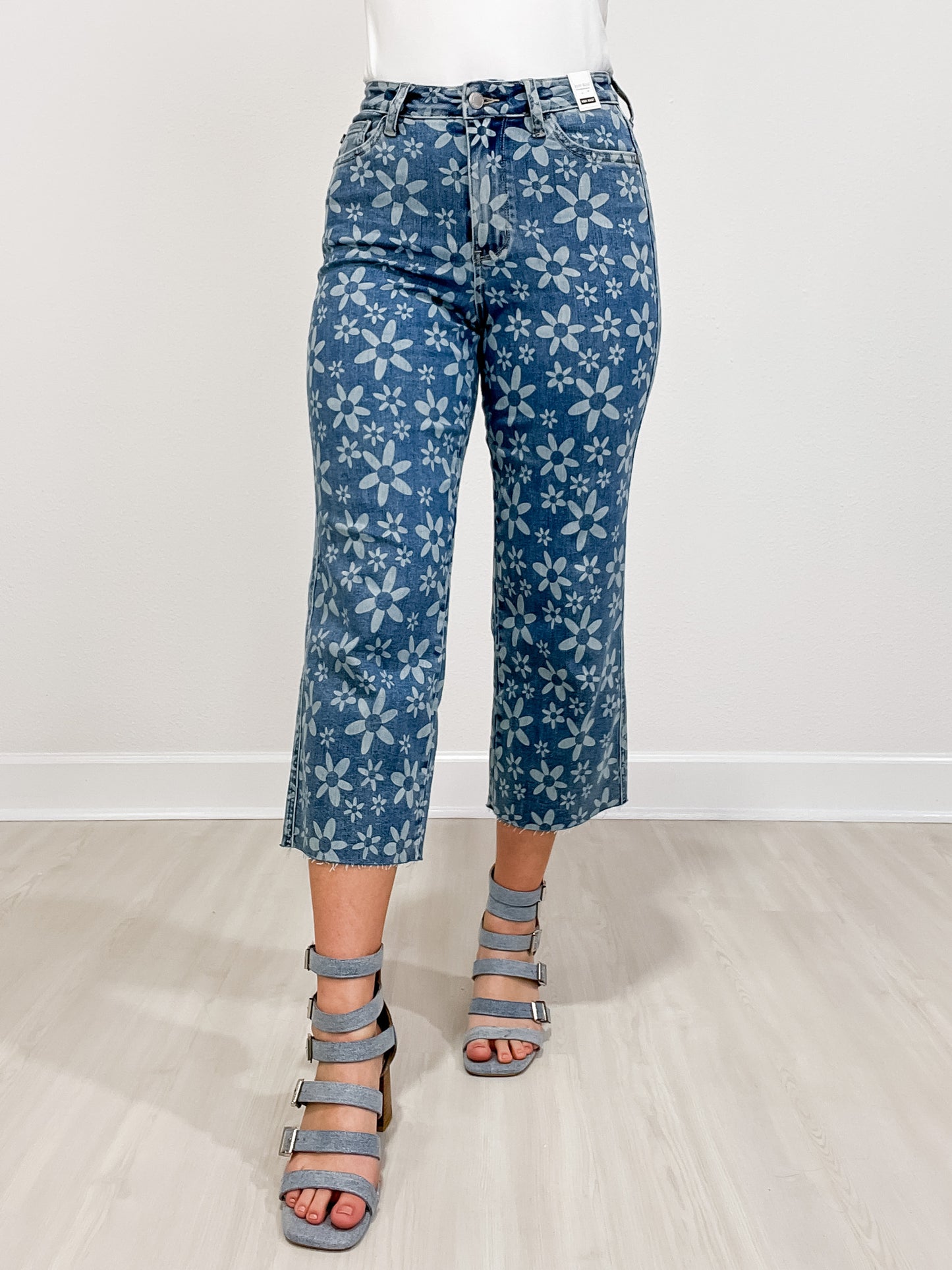 Judy Blue JANIS High Waist Flower Print Wide Leg Cropped Jeans