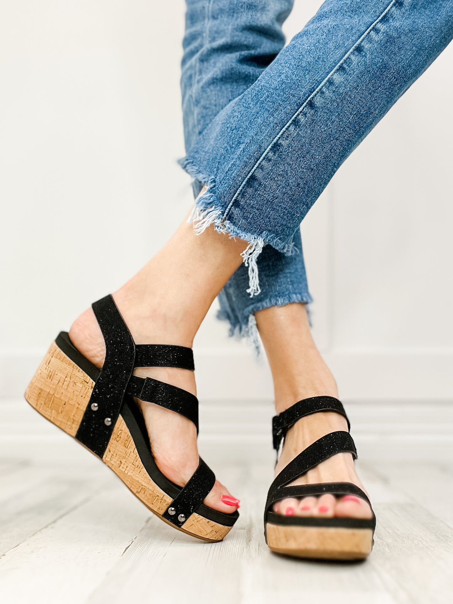 Corkys Spring Fling Wedge Sandals in Black Shimmer - 30A