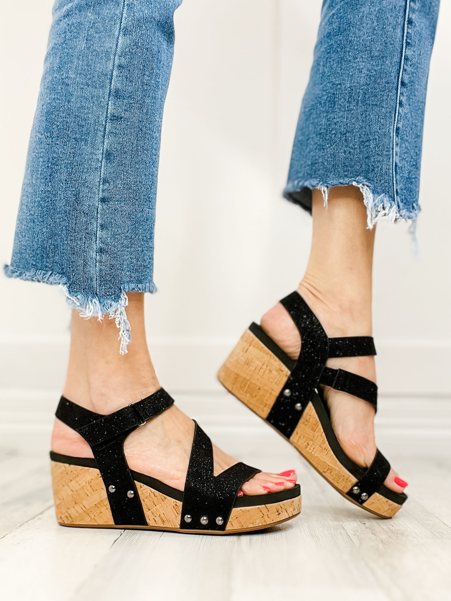 Corkys Spring Fling Wedge Sandals in Black Shimmer - 30A