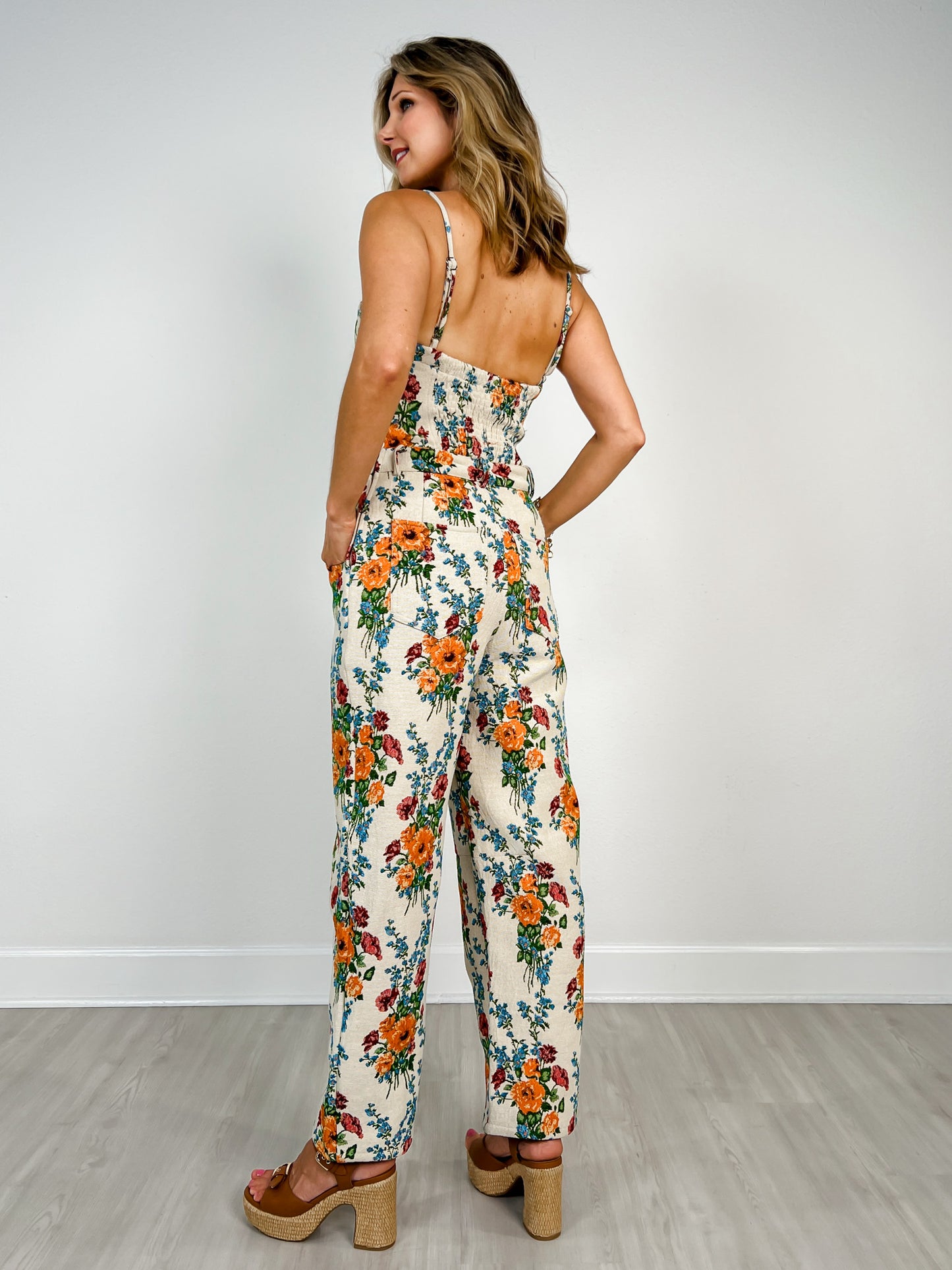 Spaghetti Strap Floral Jumpsuit with Square Neckline