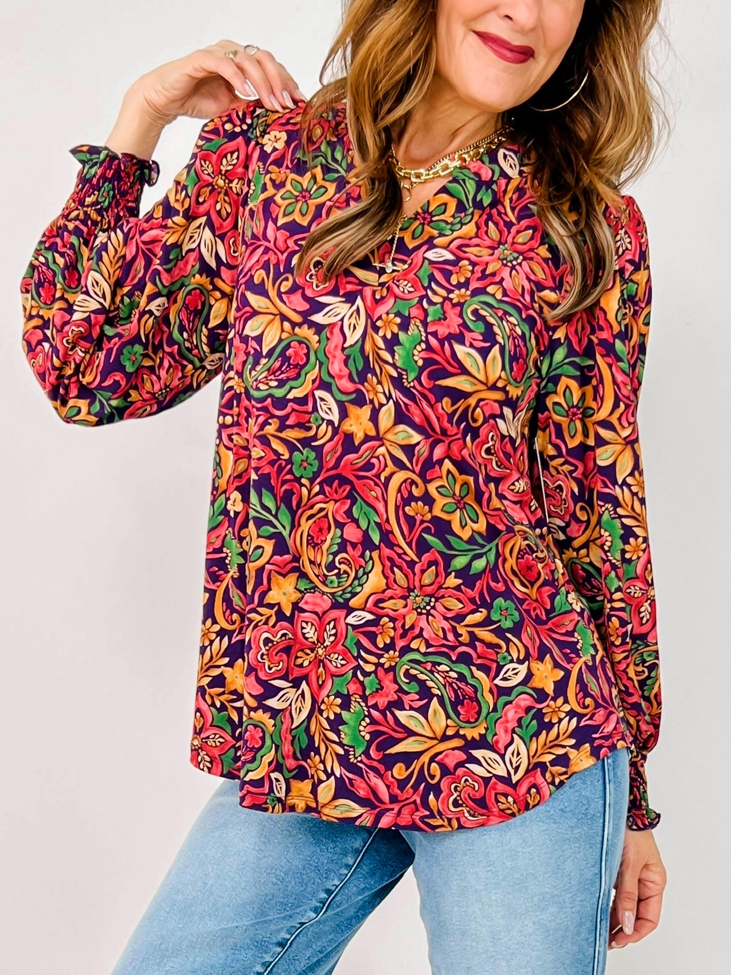 Long Smocked Sleeve Floral Print Lizzy Top in Eggplant