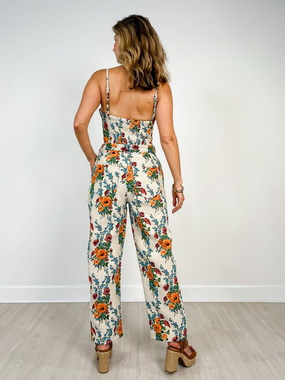 Spaghetti Strap Floral Jumpsuit with Square Neckline